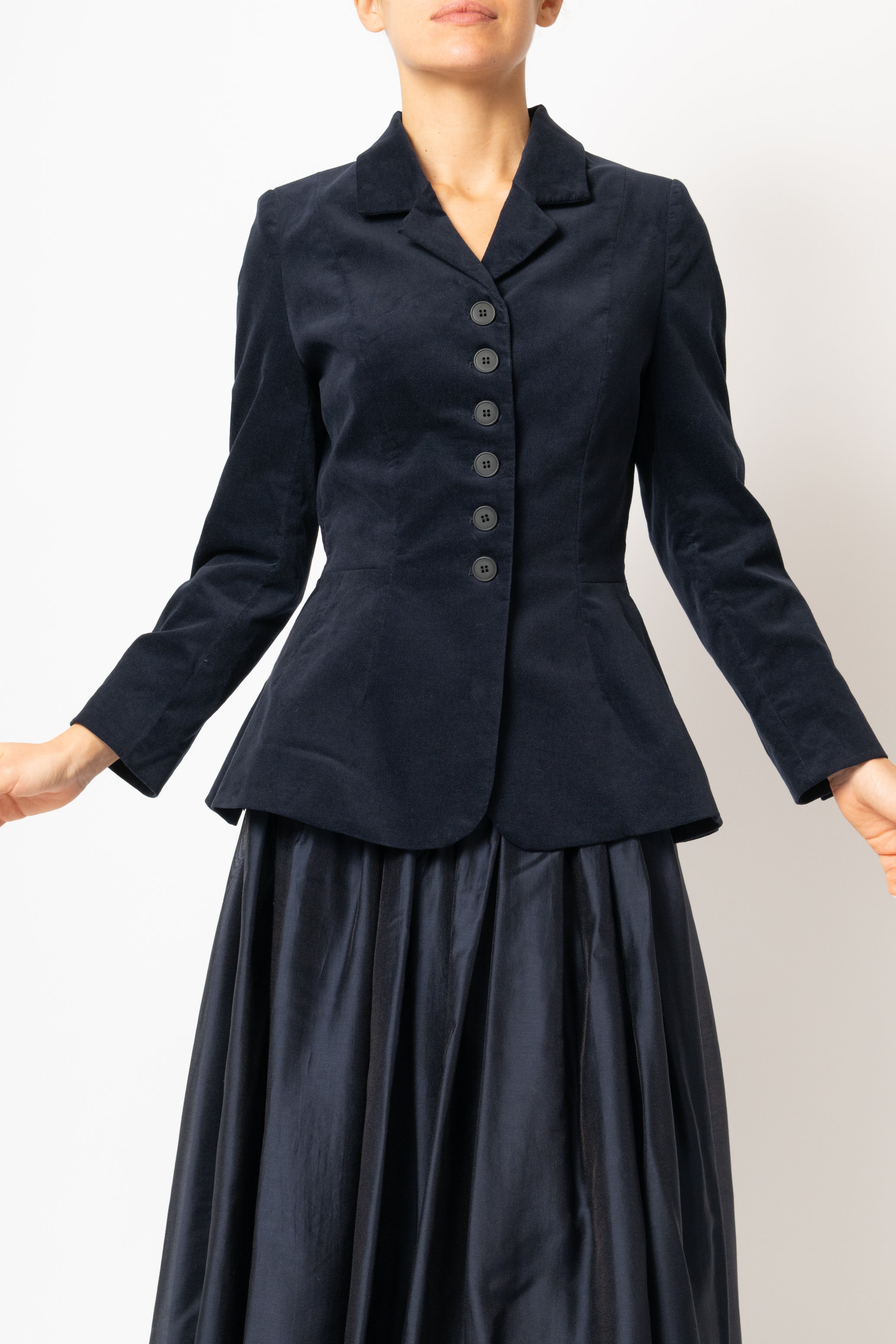 Navy blue cotton velvet jacket with peplum and low shoulders