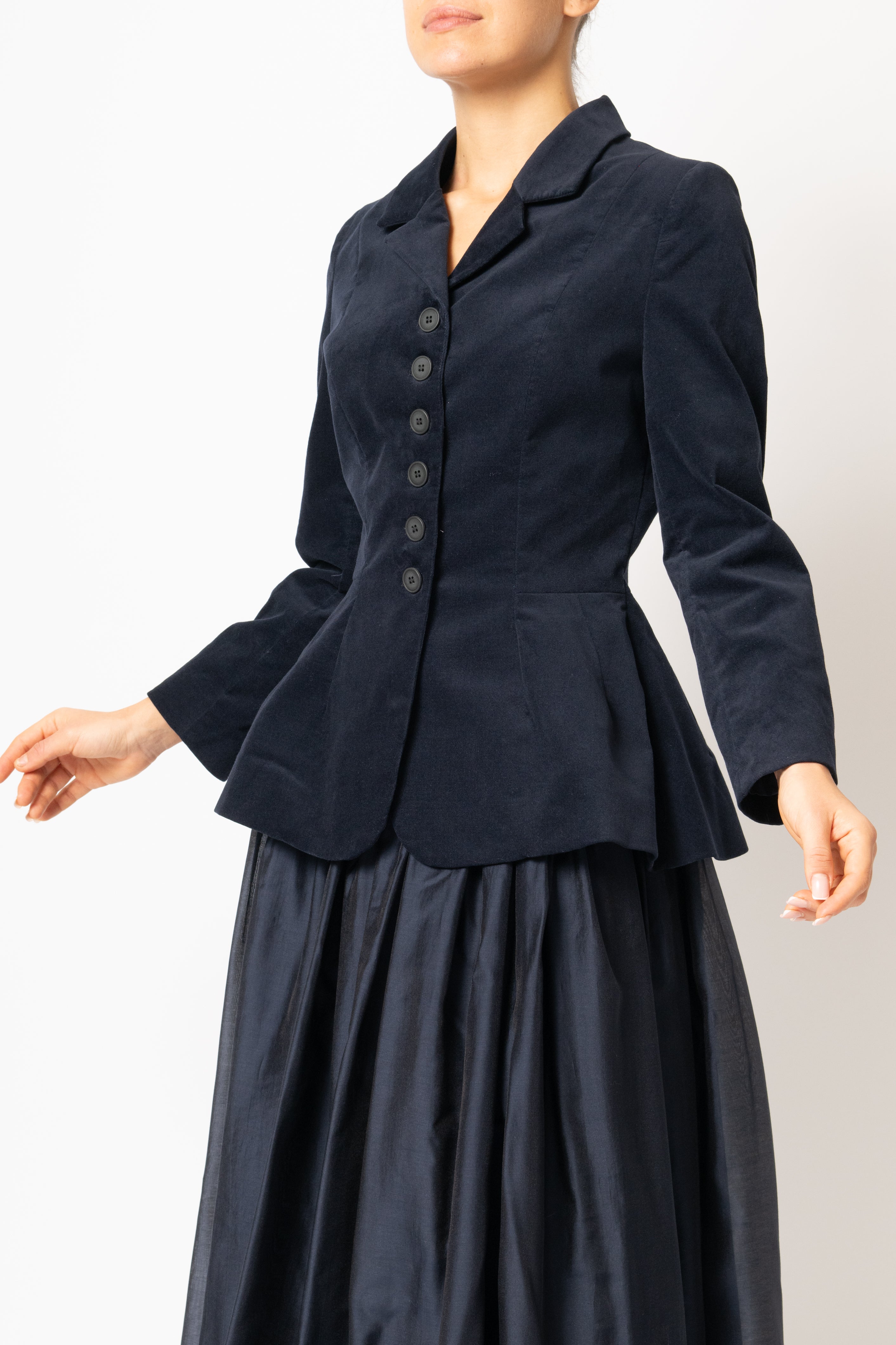 Navy blue cotton velvet jacket with peplum and low shoulders