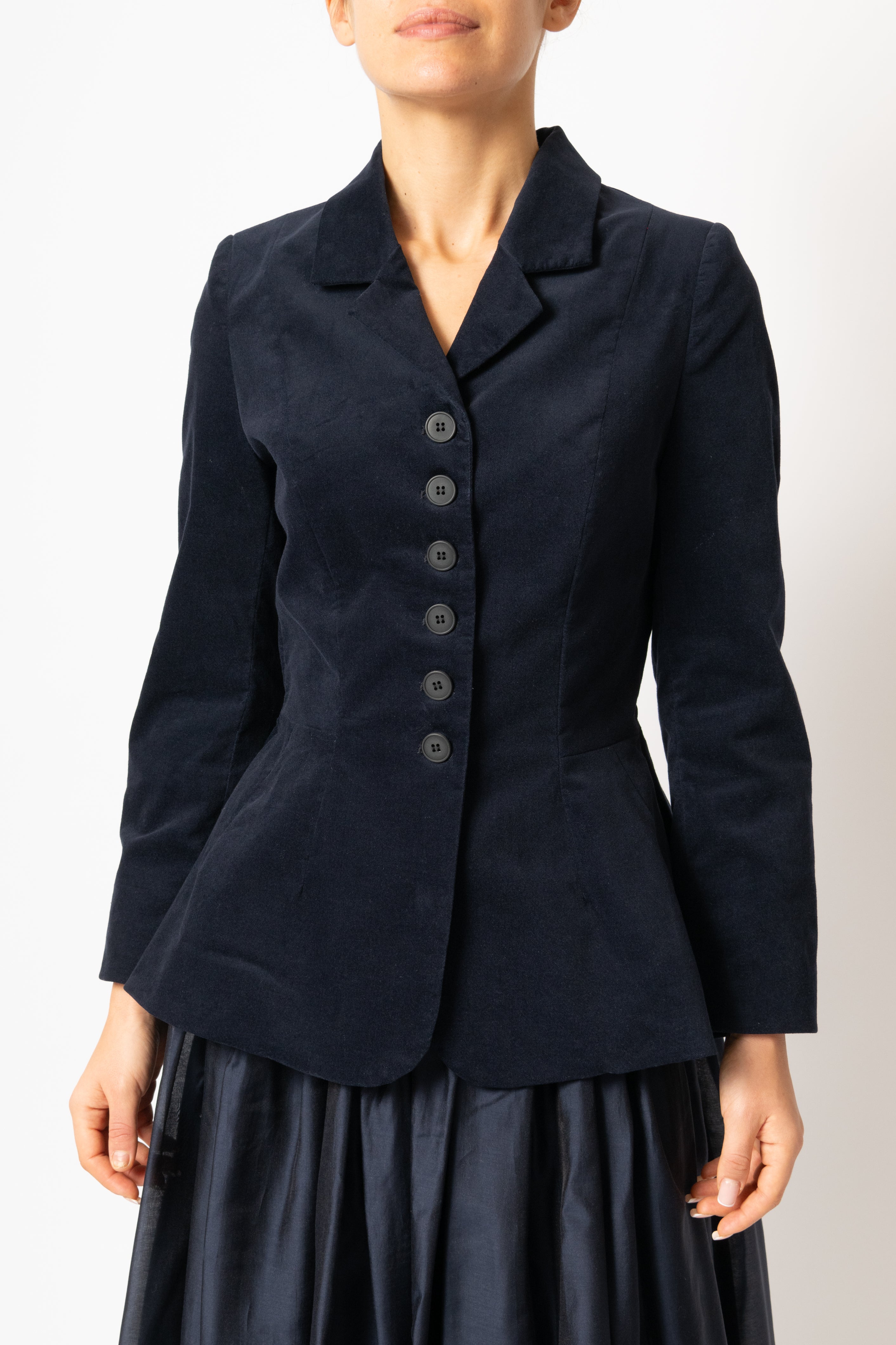 Navy blue cotton velvet jacket with peplum and low shoulders