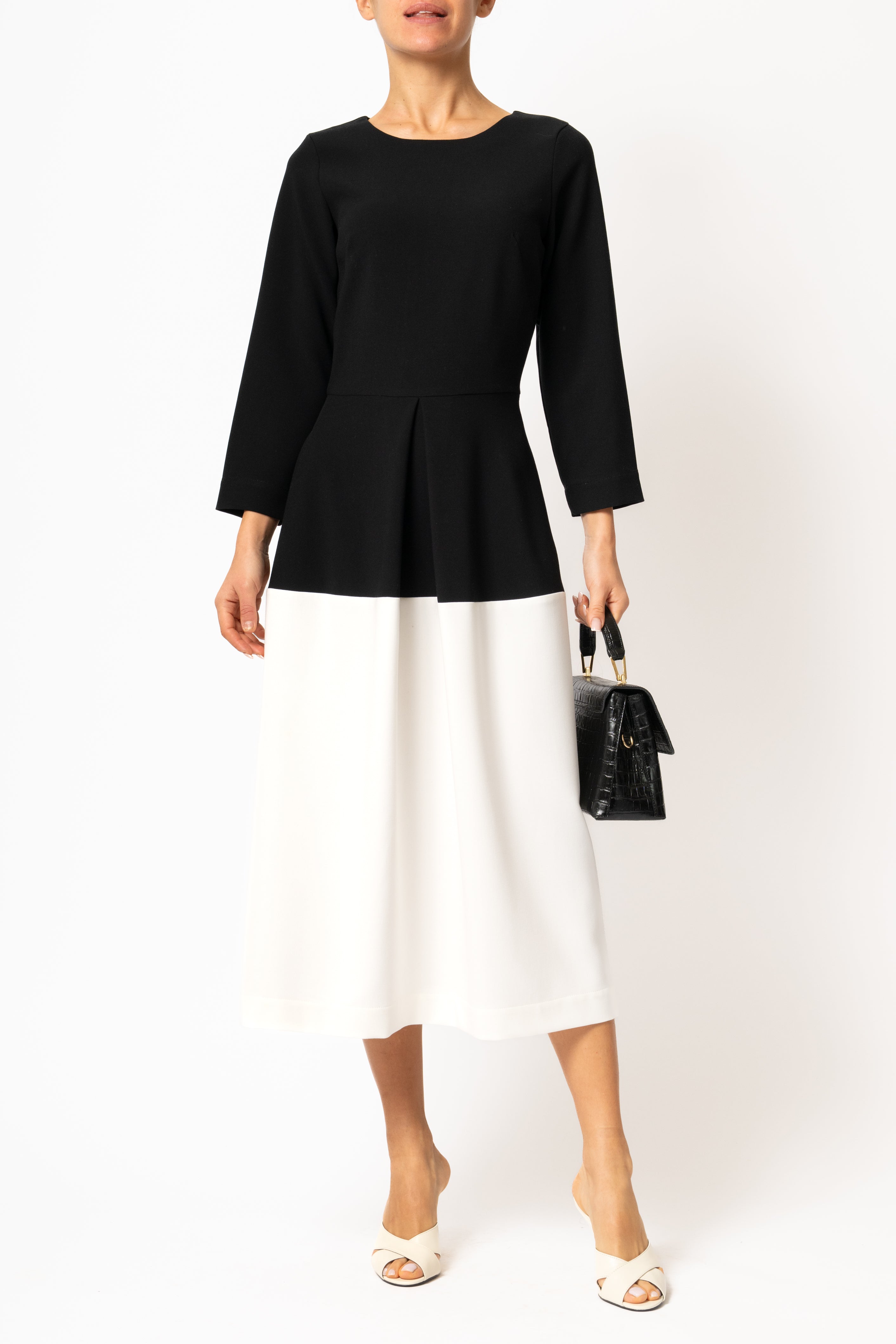 Rochie Office Midi din Viscoza, Negru cu Alb