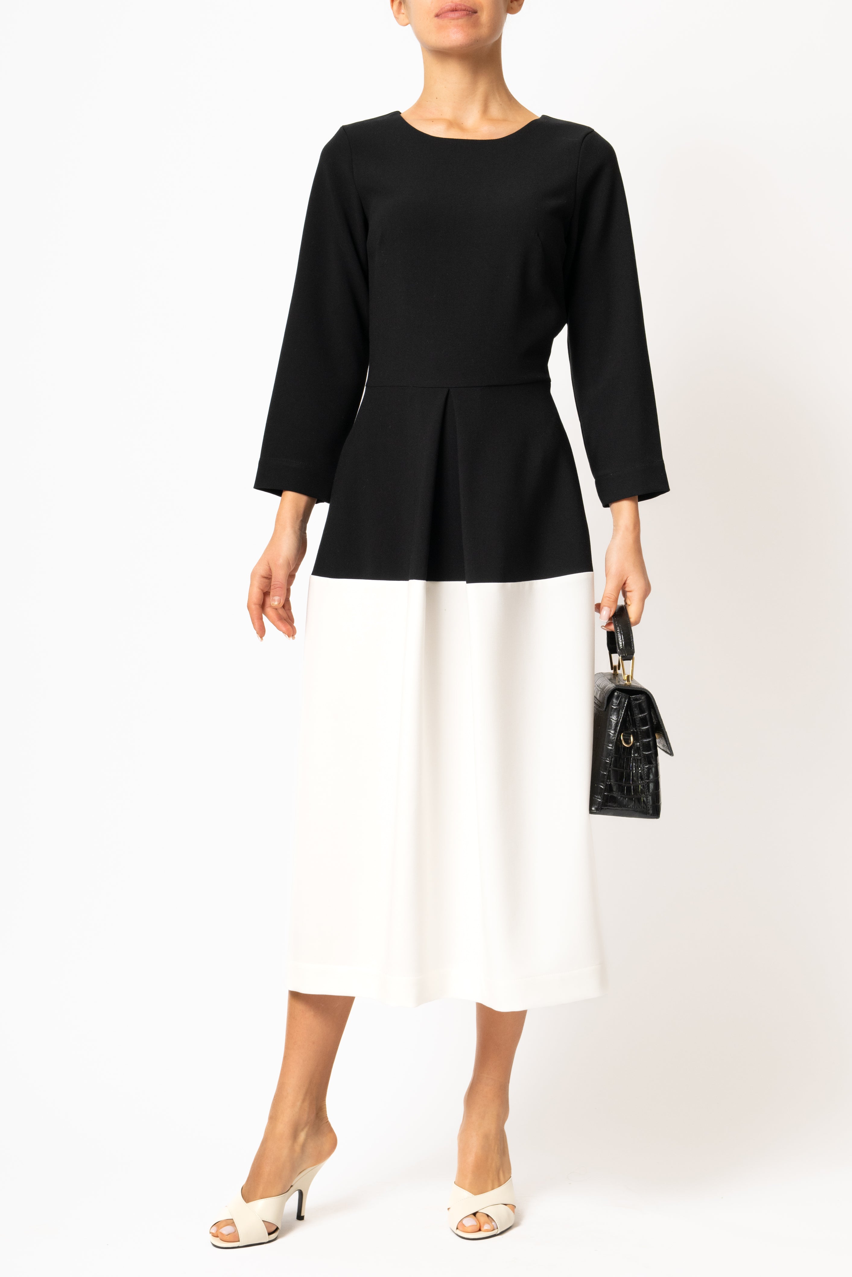 Rochie Office Midi din Viscoza, Negru cu Alb