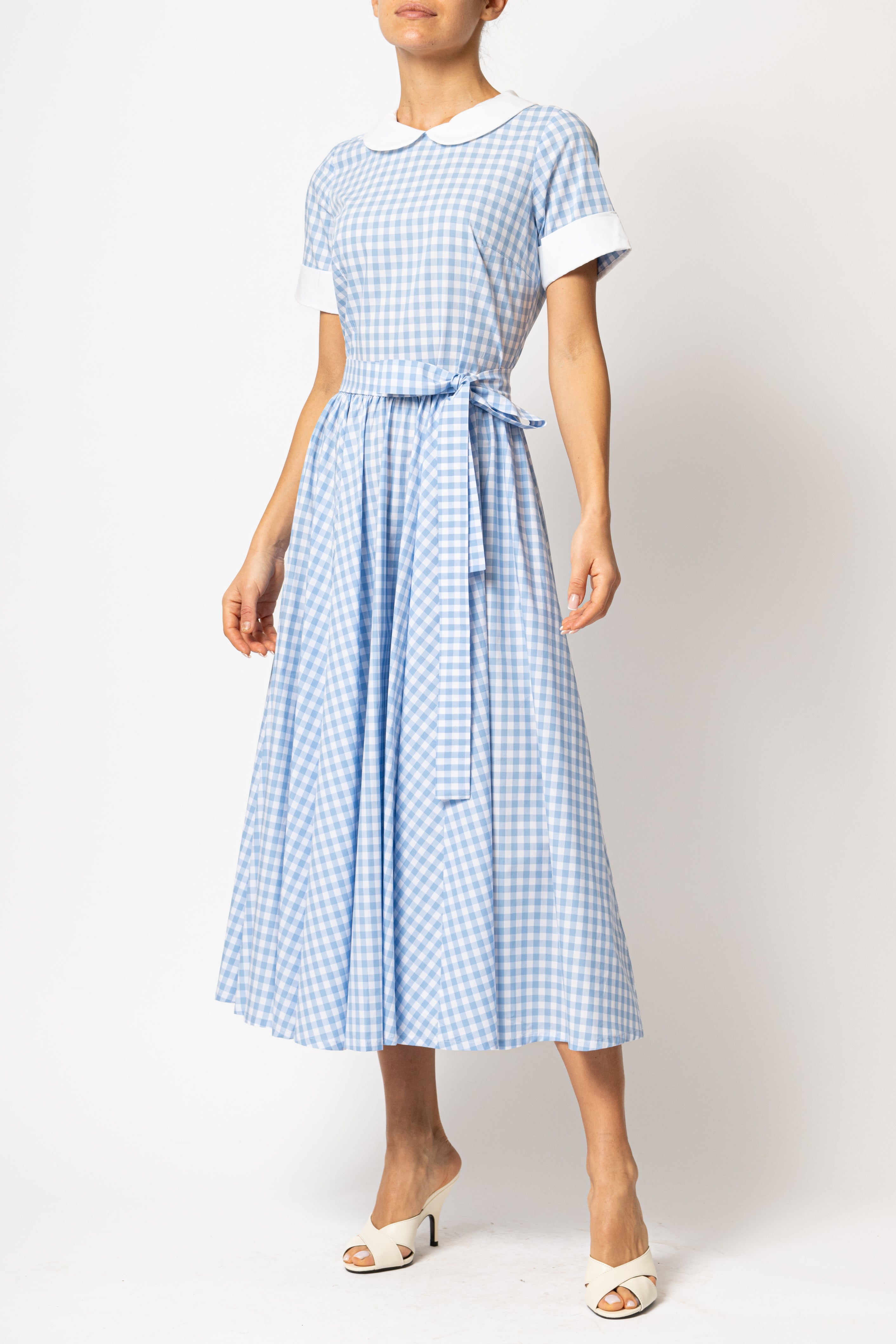 Rochie Midi in Carouri Bleu cu Guler si Mansete Albe, din Bumbac