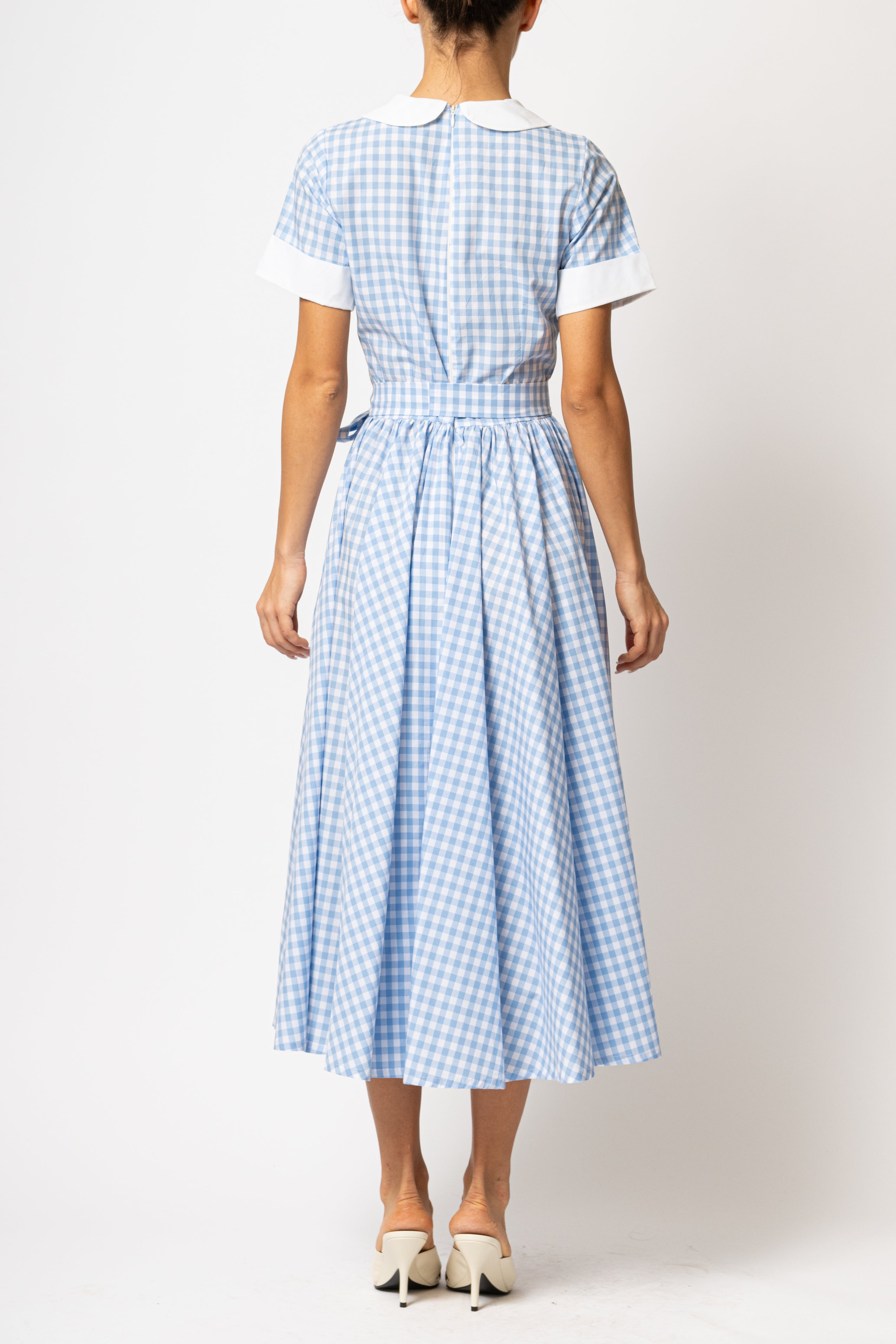 Rochie Midi in Carouri Bleu cu Guler si Mansete Albe, din Bumbac