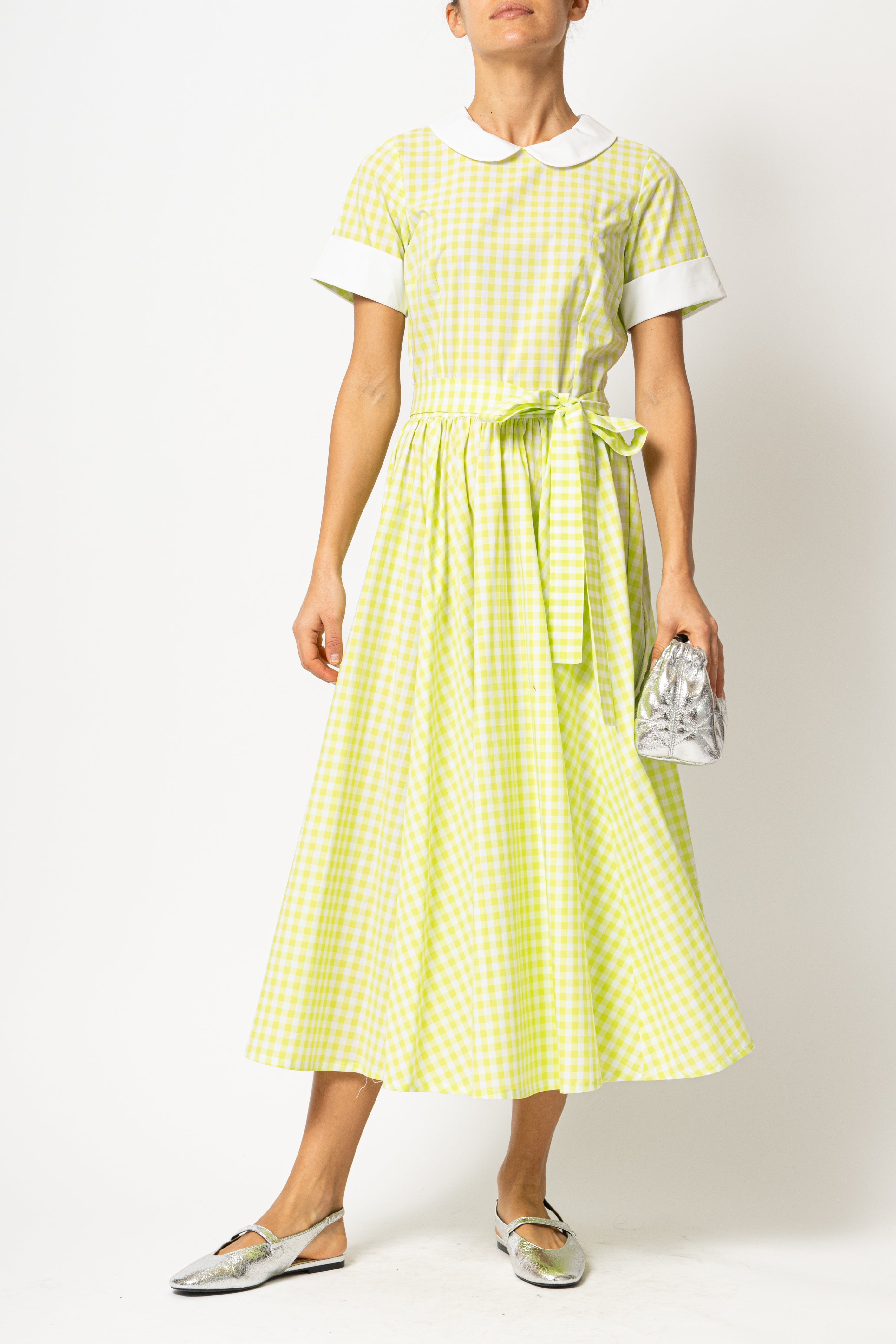 Rochie Midi in Carouri Verzi cu Guler si Mansete Albe, din Bumbac