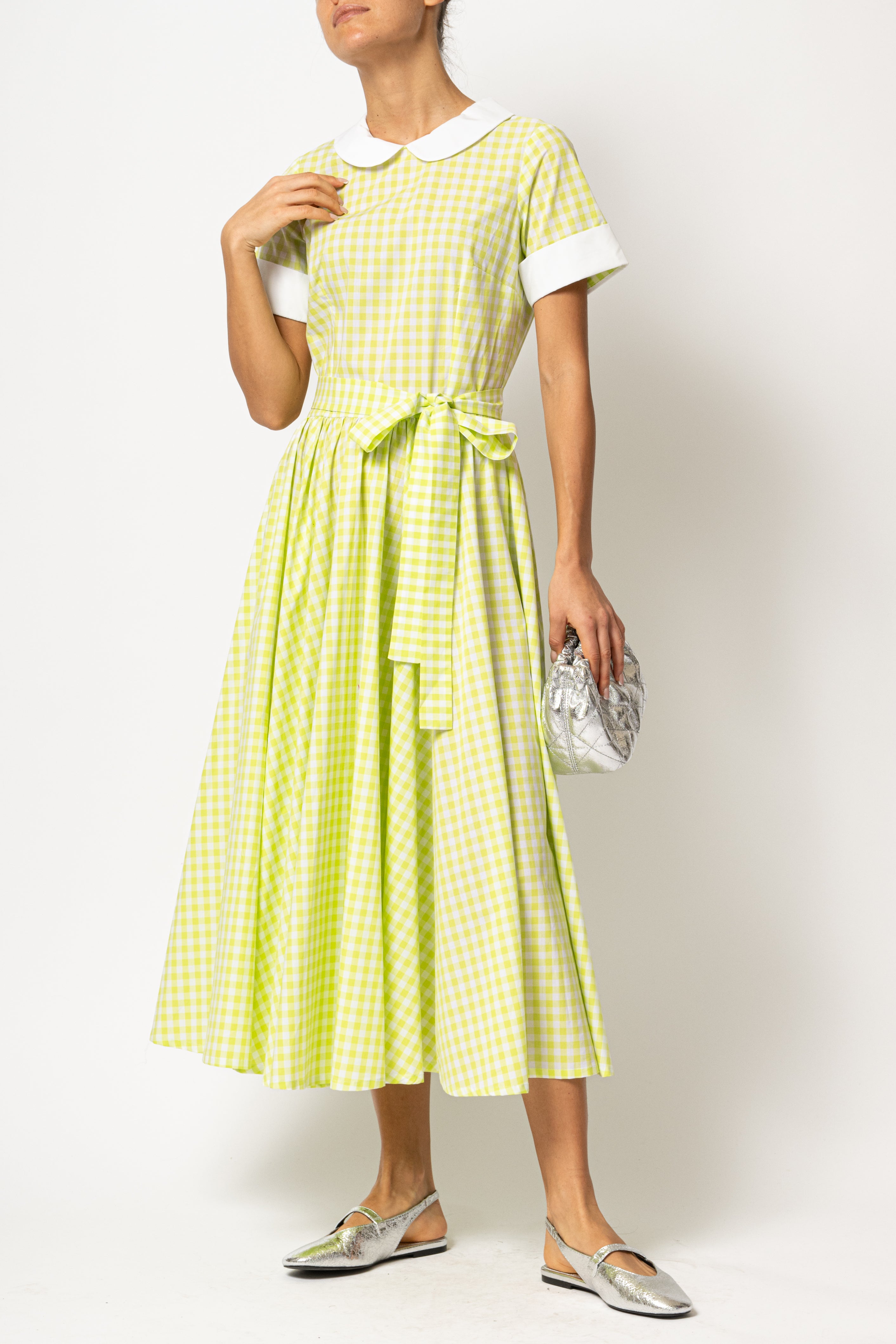 Rochie Midi in Carouri Verzi cu Guler si Mansete Albe, din Bumbac