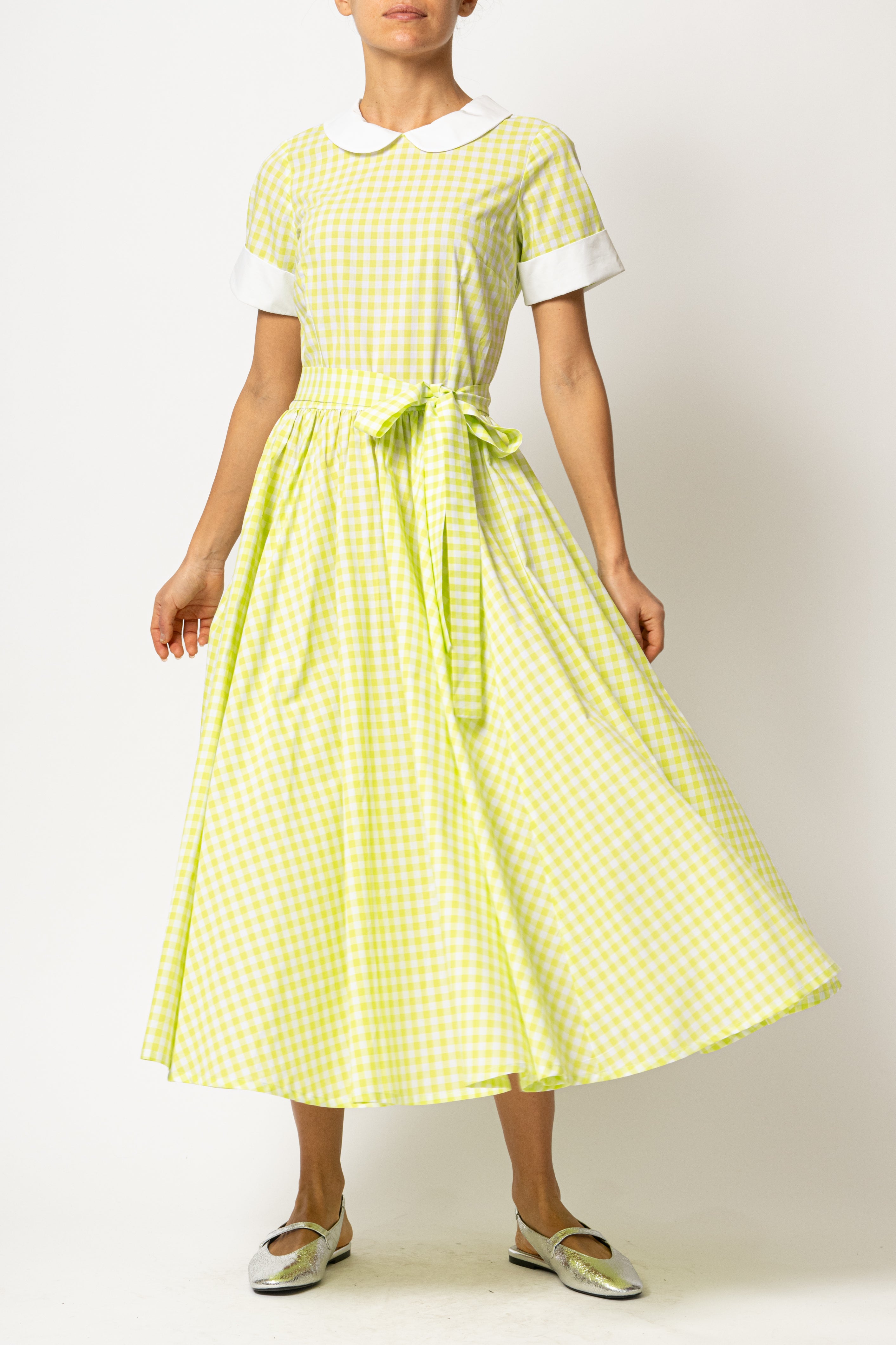 Rochie Midi in Carouri Verzi cu Guler si Mansete Albe, din Bumbac