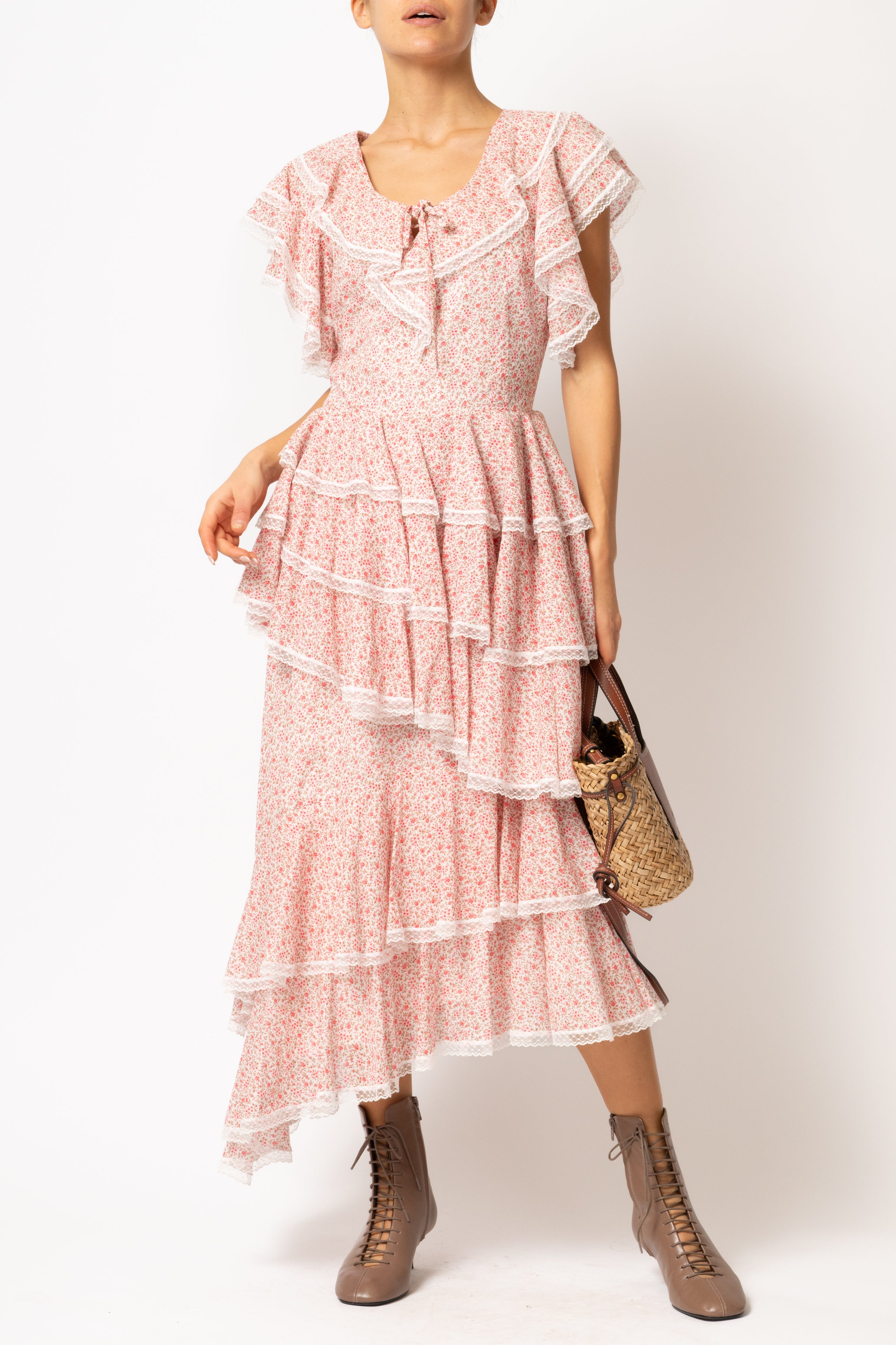 Rochie Asimetrica cu Volane, din Bumbac Roz