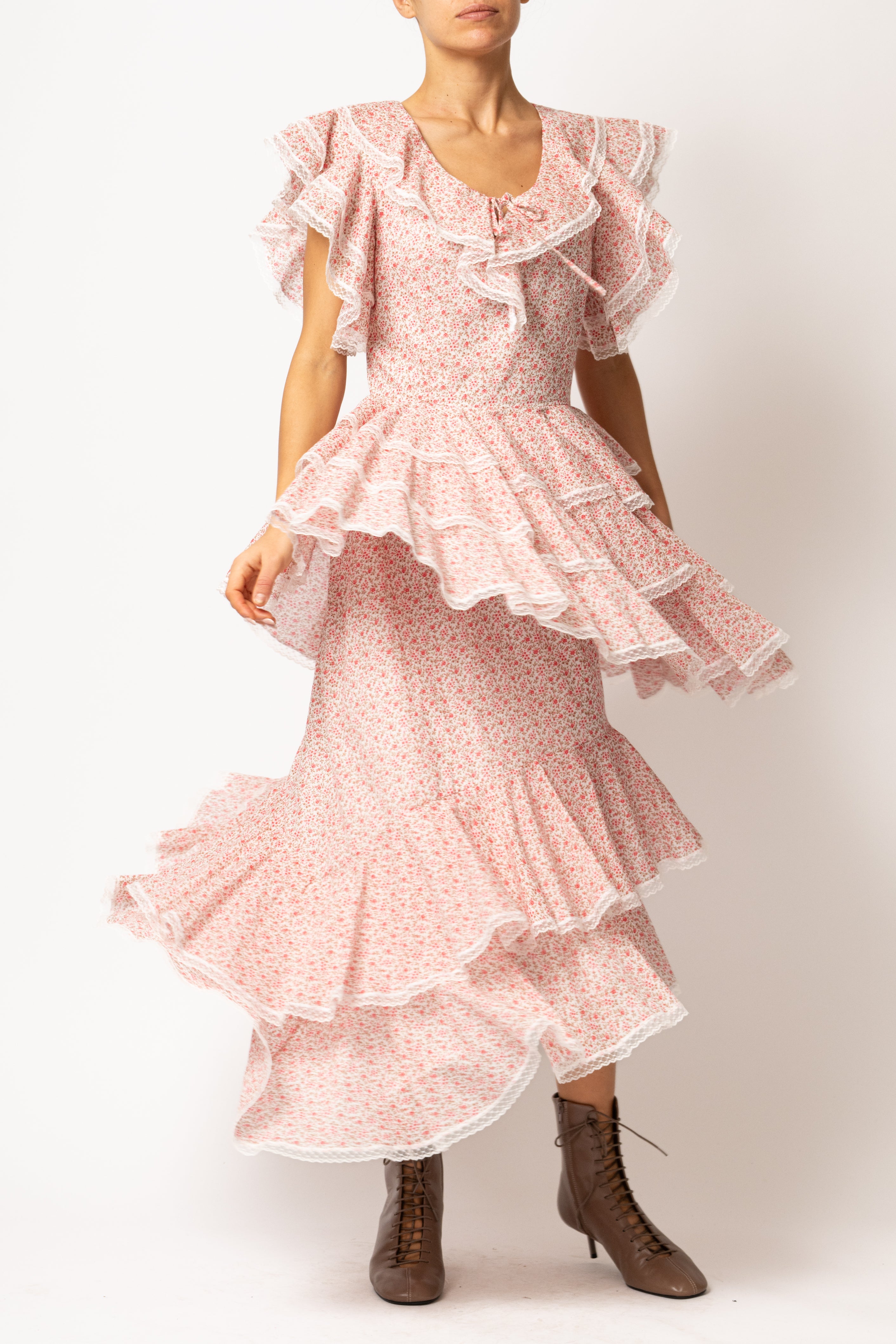 Rochie Asimetrica cu Volane, din Bumbac Roz