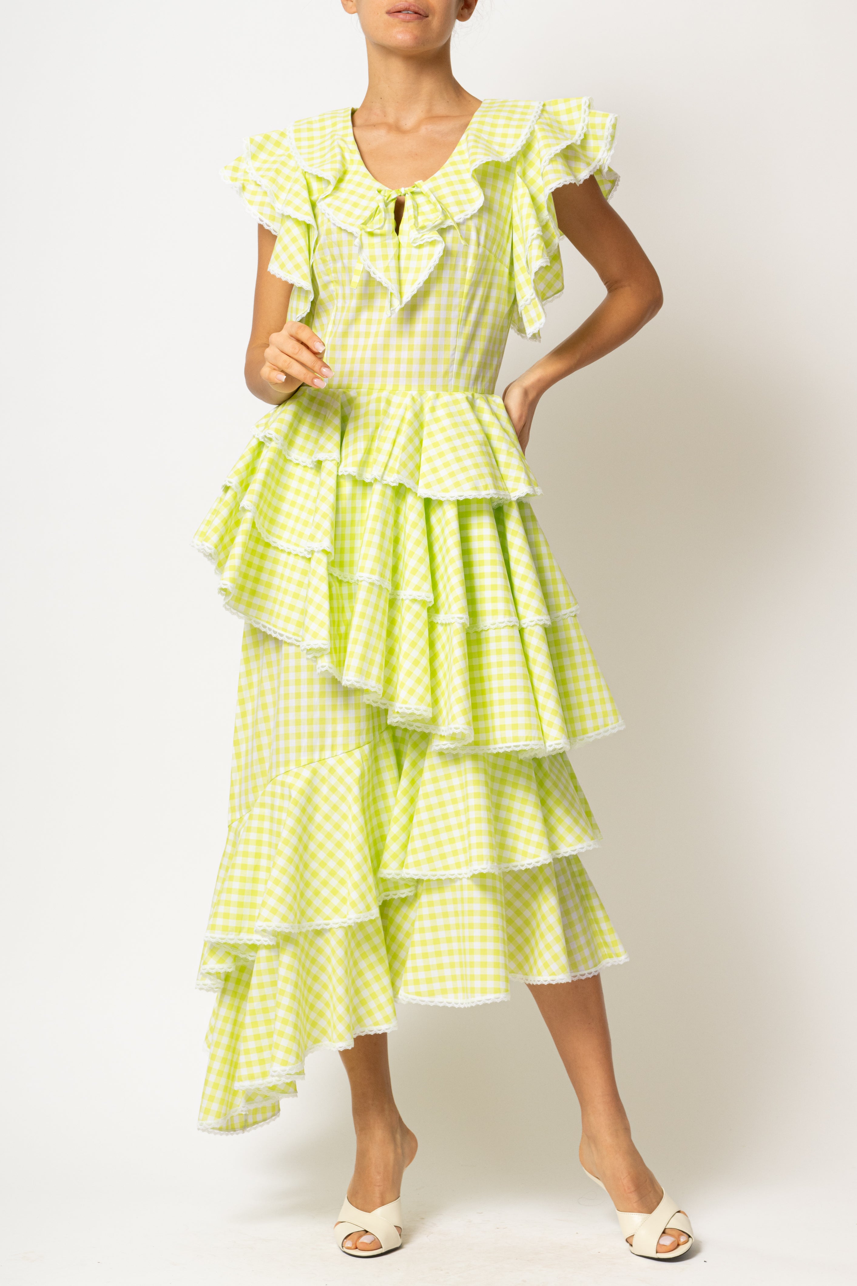 Rochie Asimetrica cu Volane, din Bumbac in Carouri Verde Lamaie