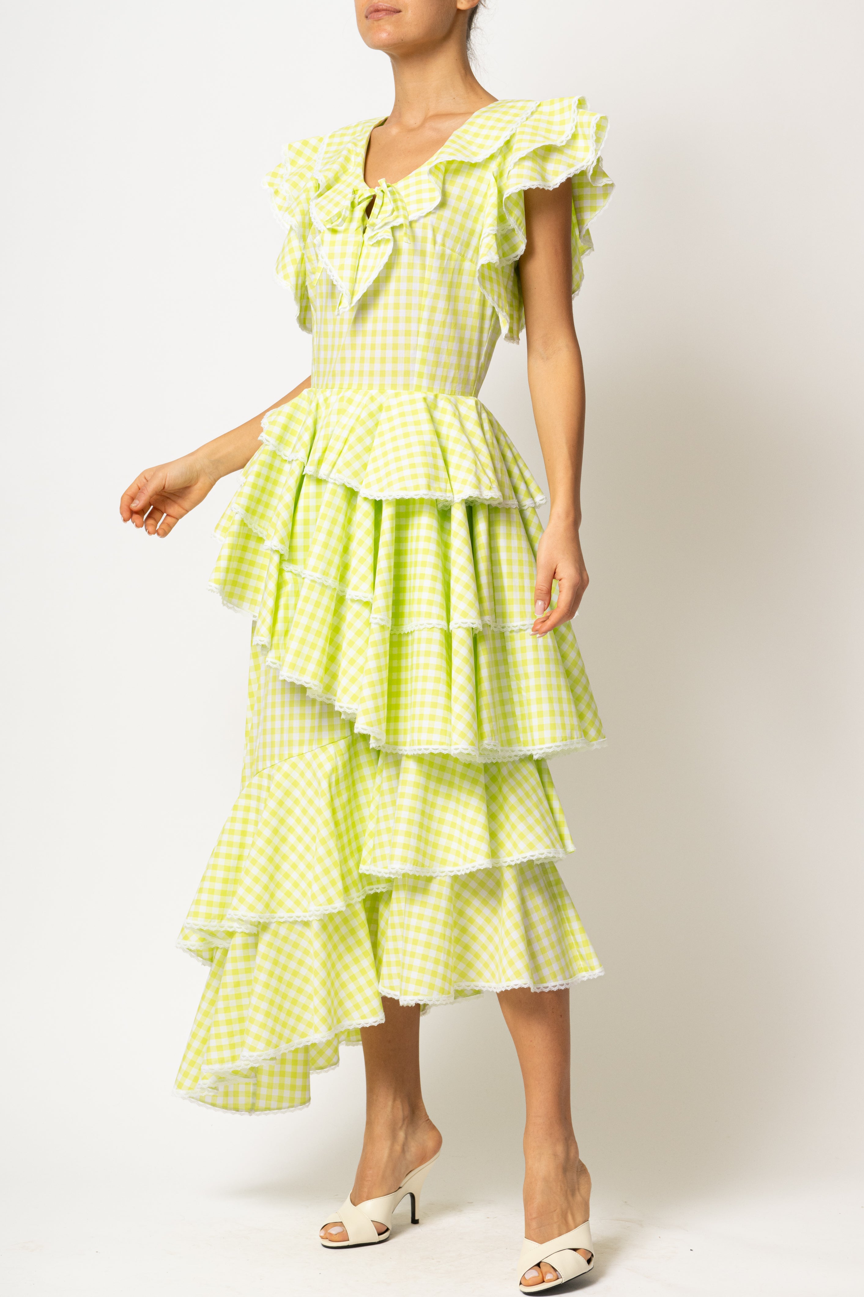 Rochie Asimetrica cu Volane, din Bumbac in Carouri Verde Lamaie