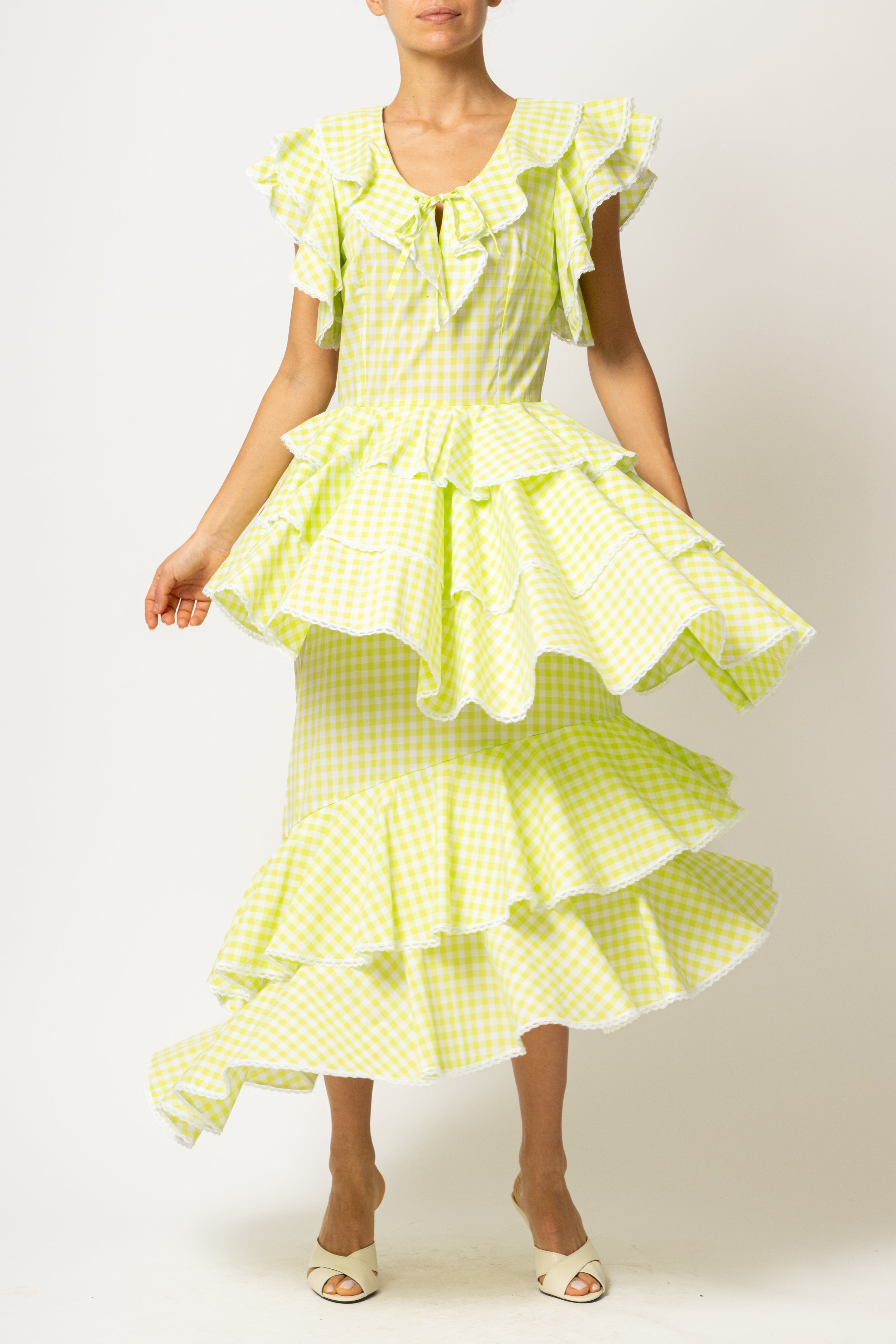 Rochie Asimetrica cu Volane, din Bumbac in Carouri Verde Lamaie