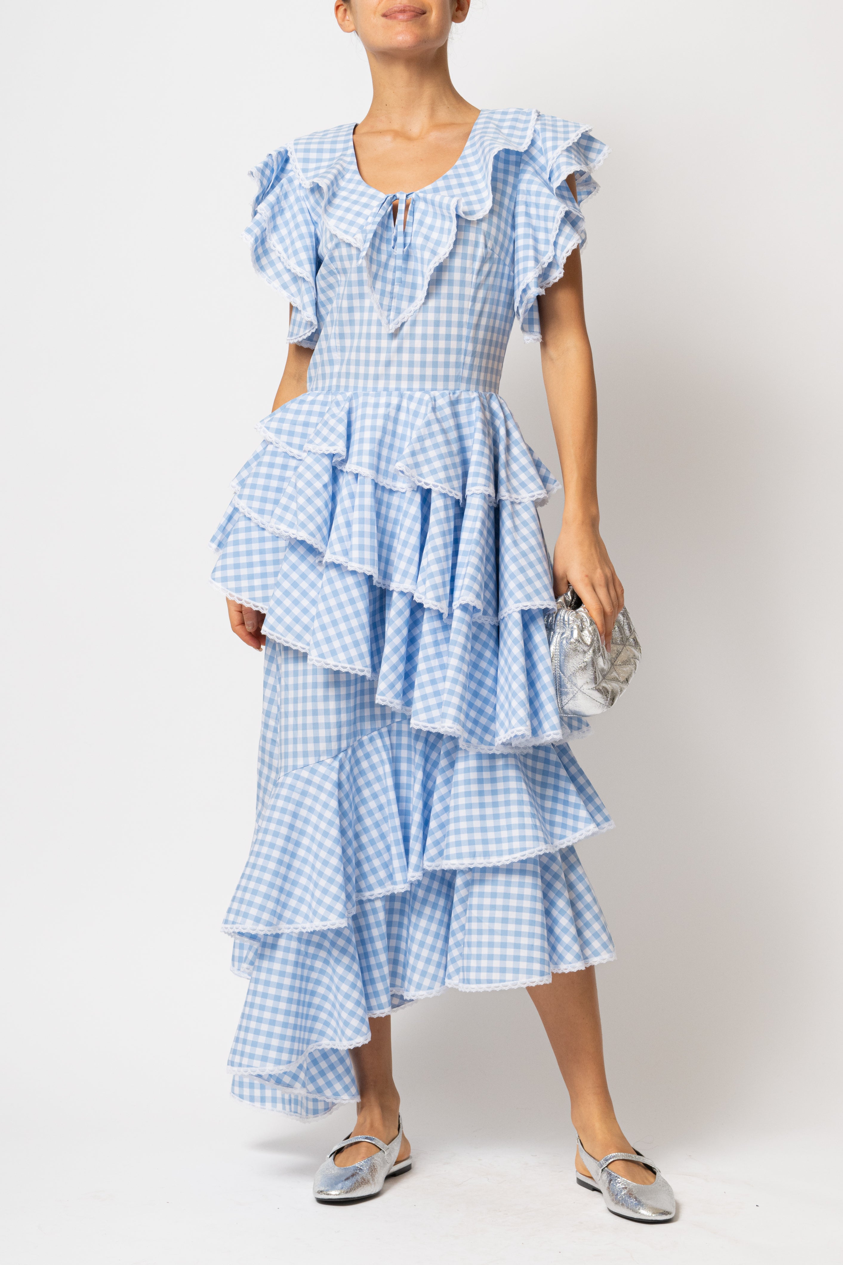 Light blue checked cotton midi dress with ruffles