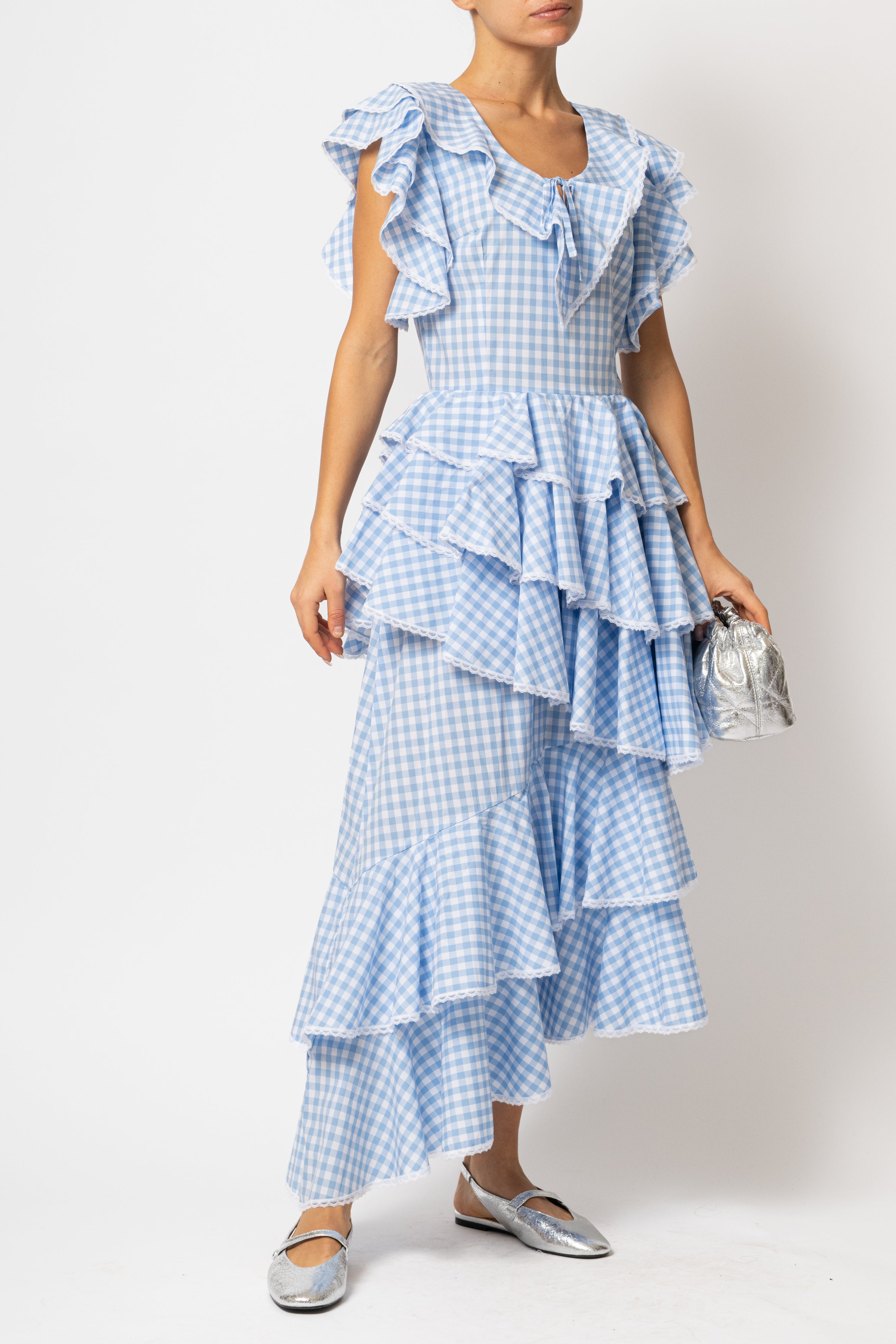 Light blue checked cotton midi dress with ruffles