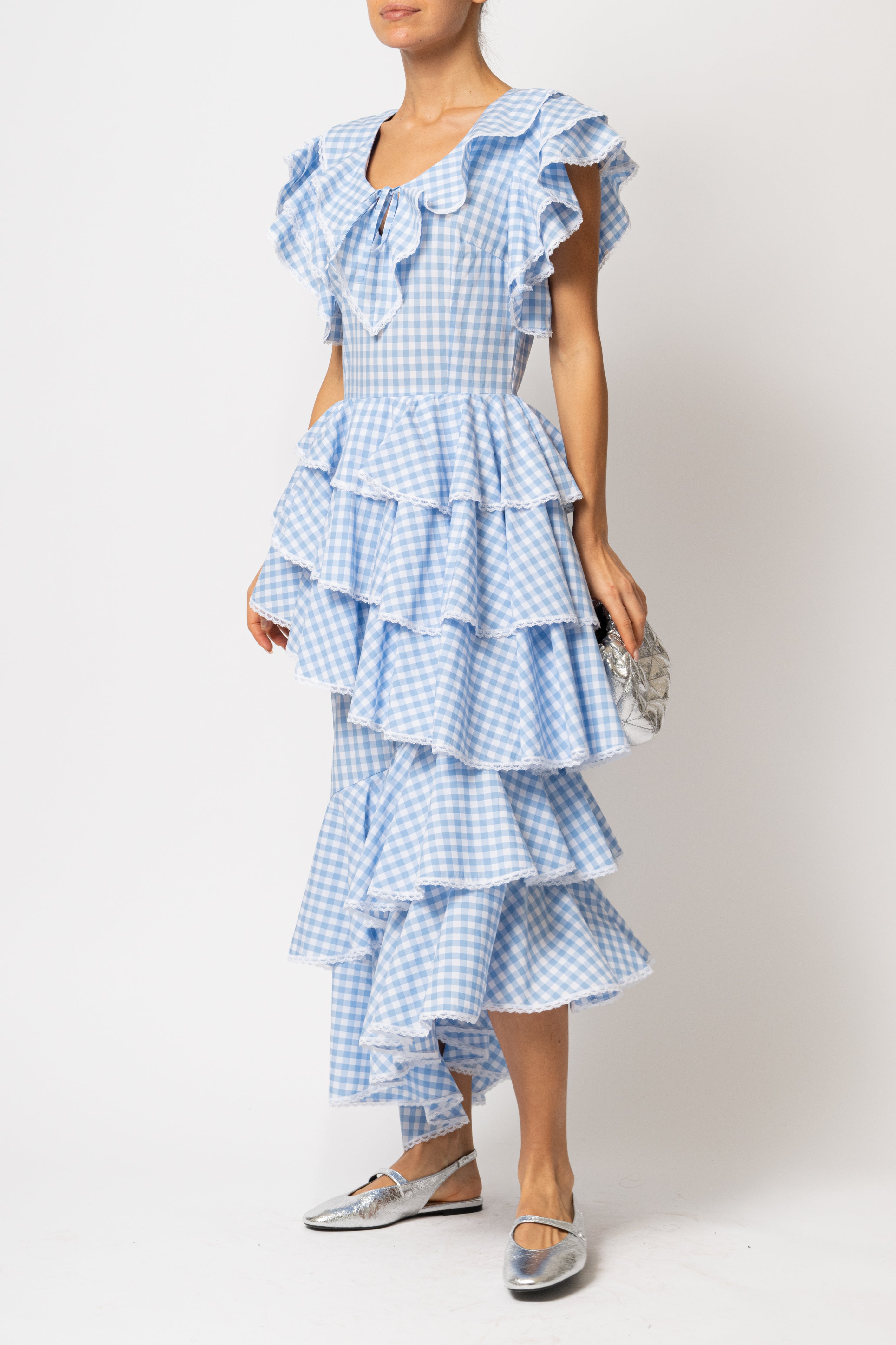 Light blue checked cotton midi dress with ruffles