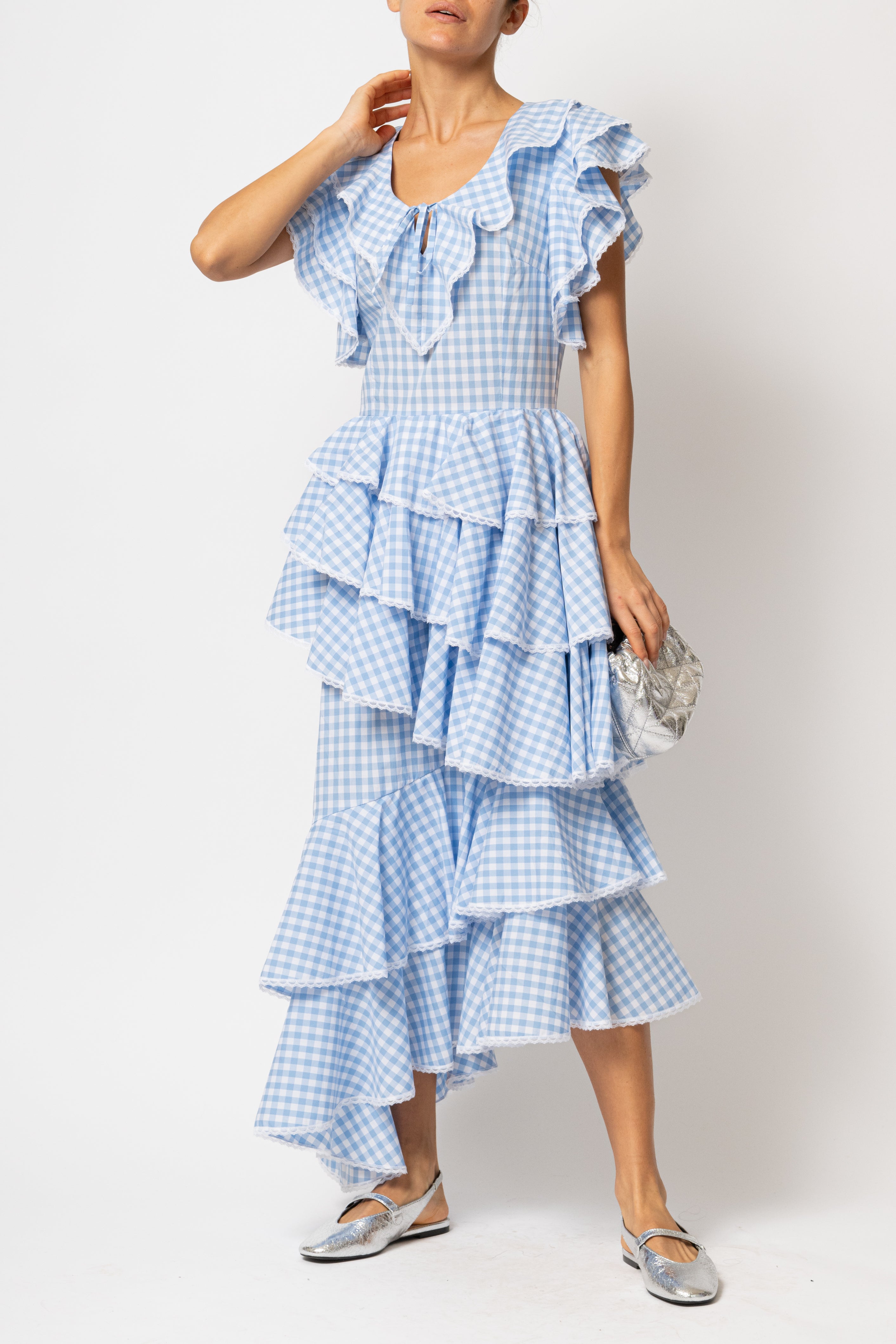 Light blue checked cotton midi dress with ruffles