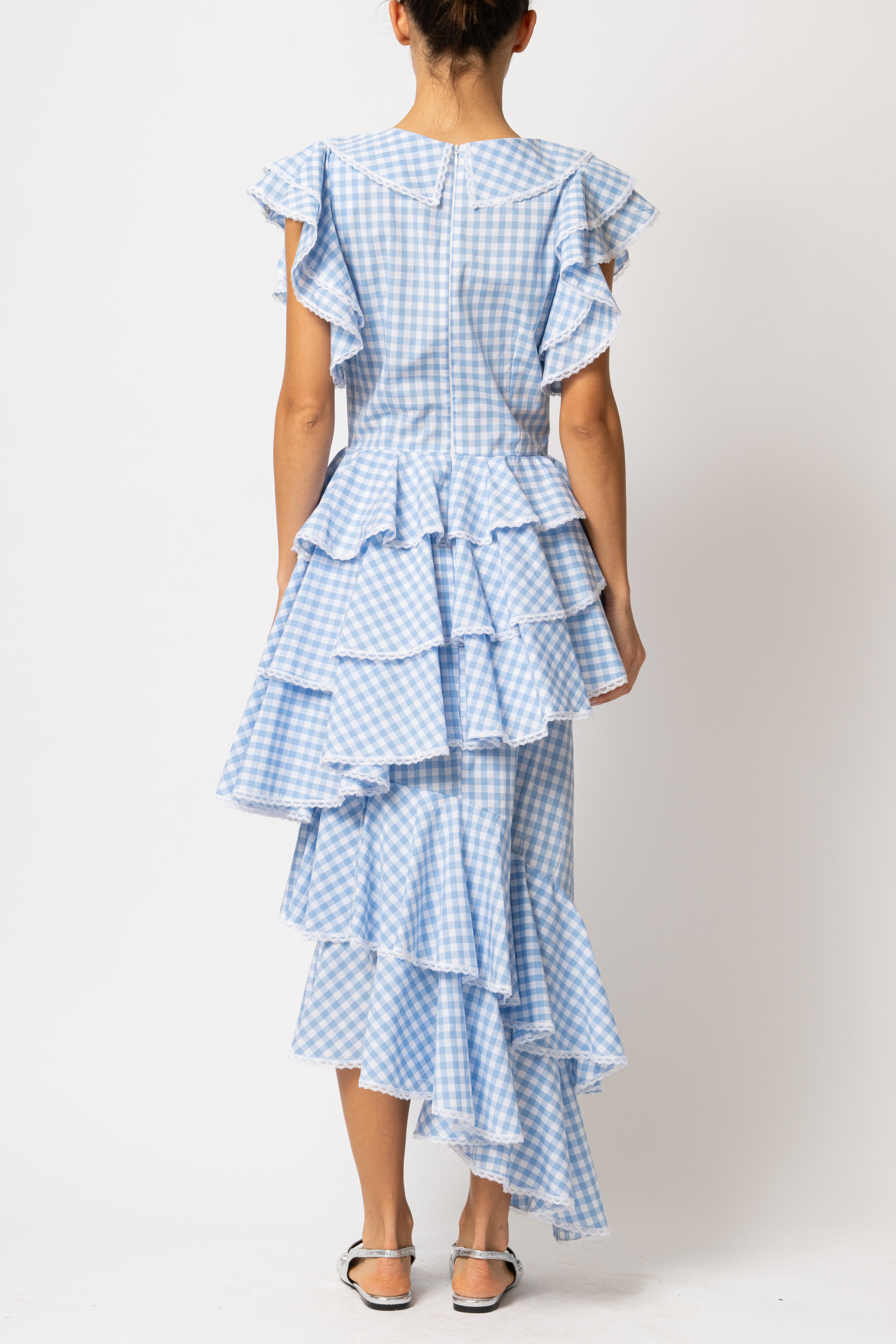 Light blue checked cotton midi dress with ruffles
