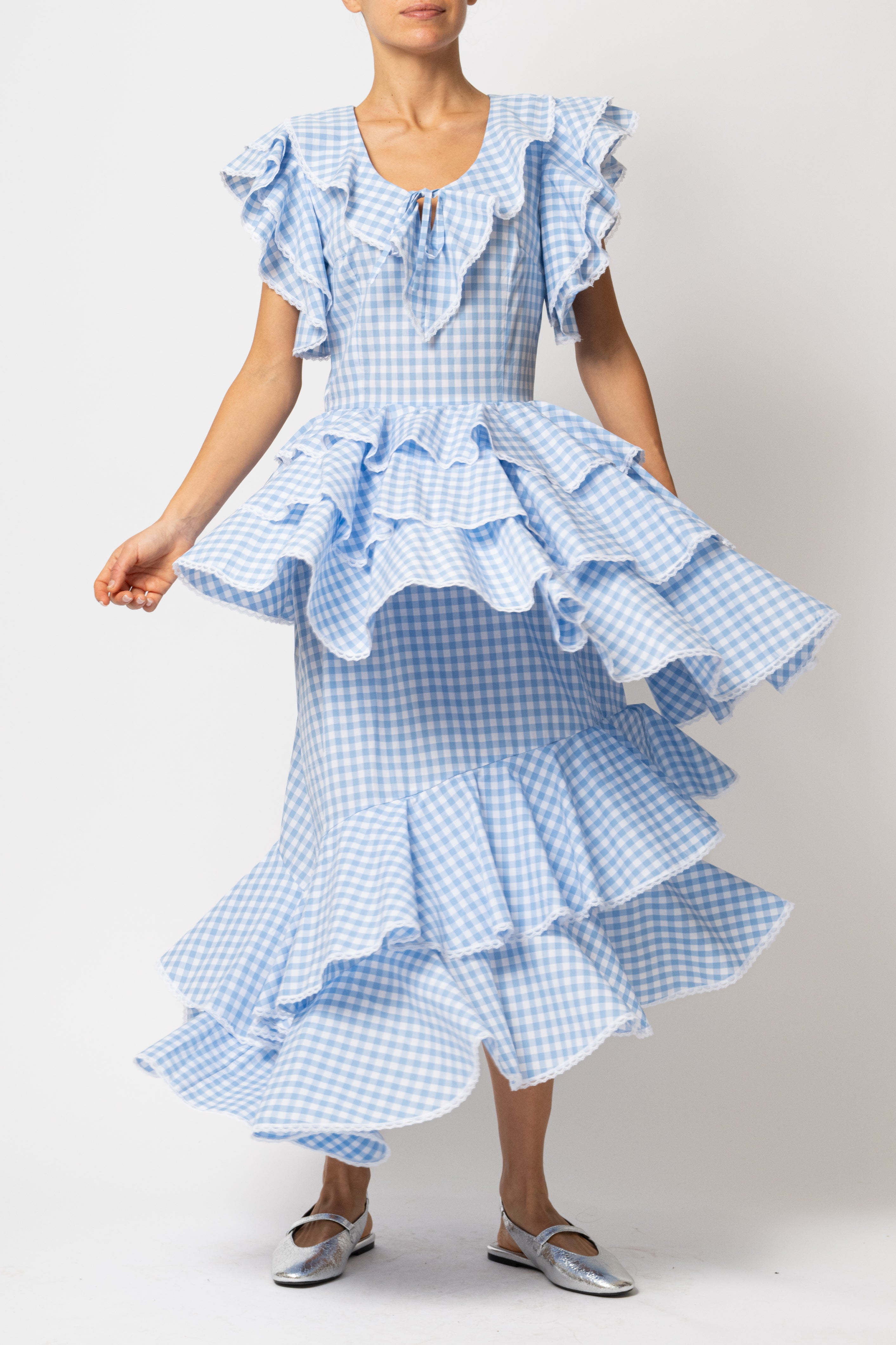 Light blue checked cotton midi dress with ruffles