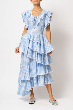 Light blue checked cotton midi dress with ruffles