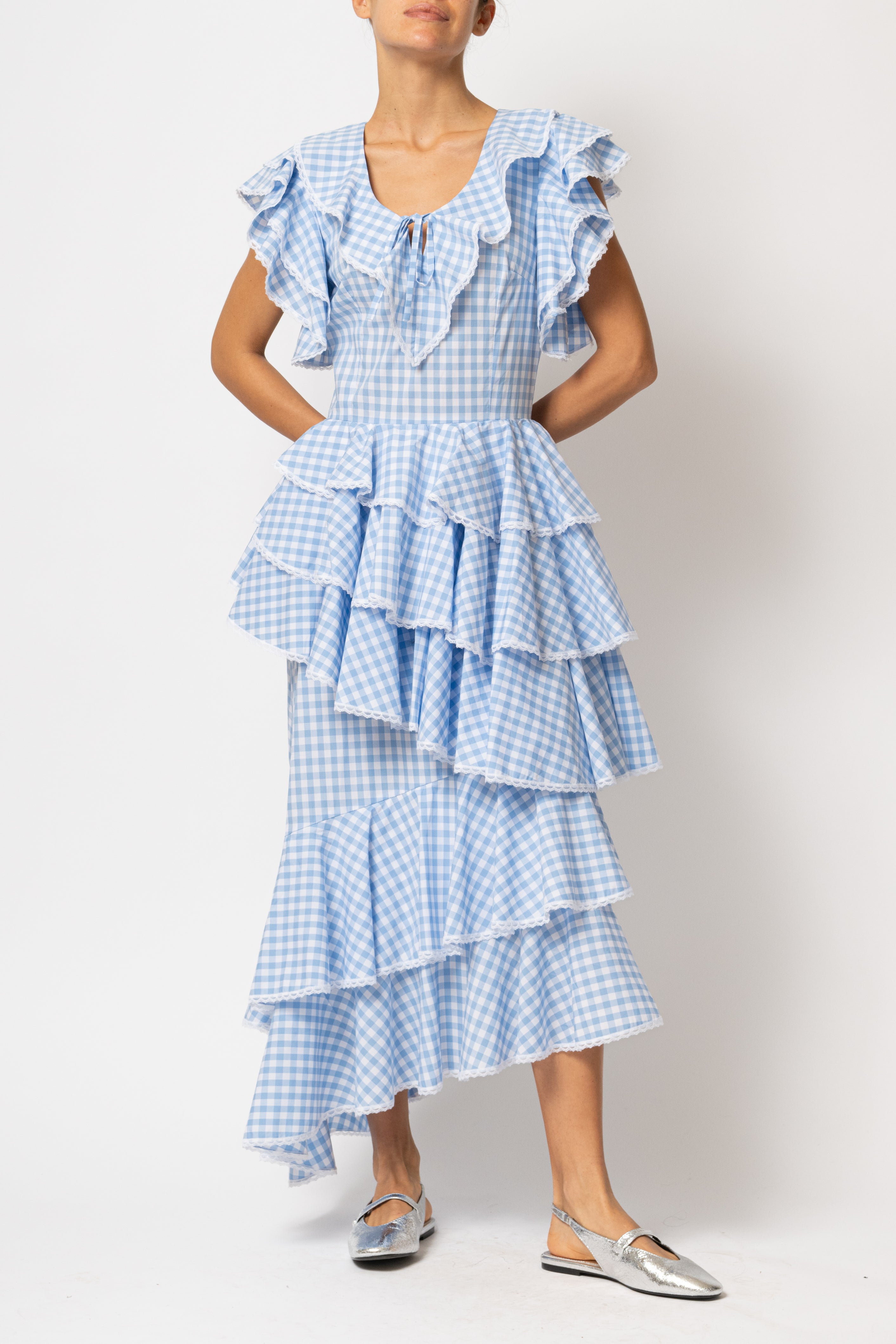 Light blue checked cotton midi dress with ruffles