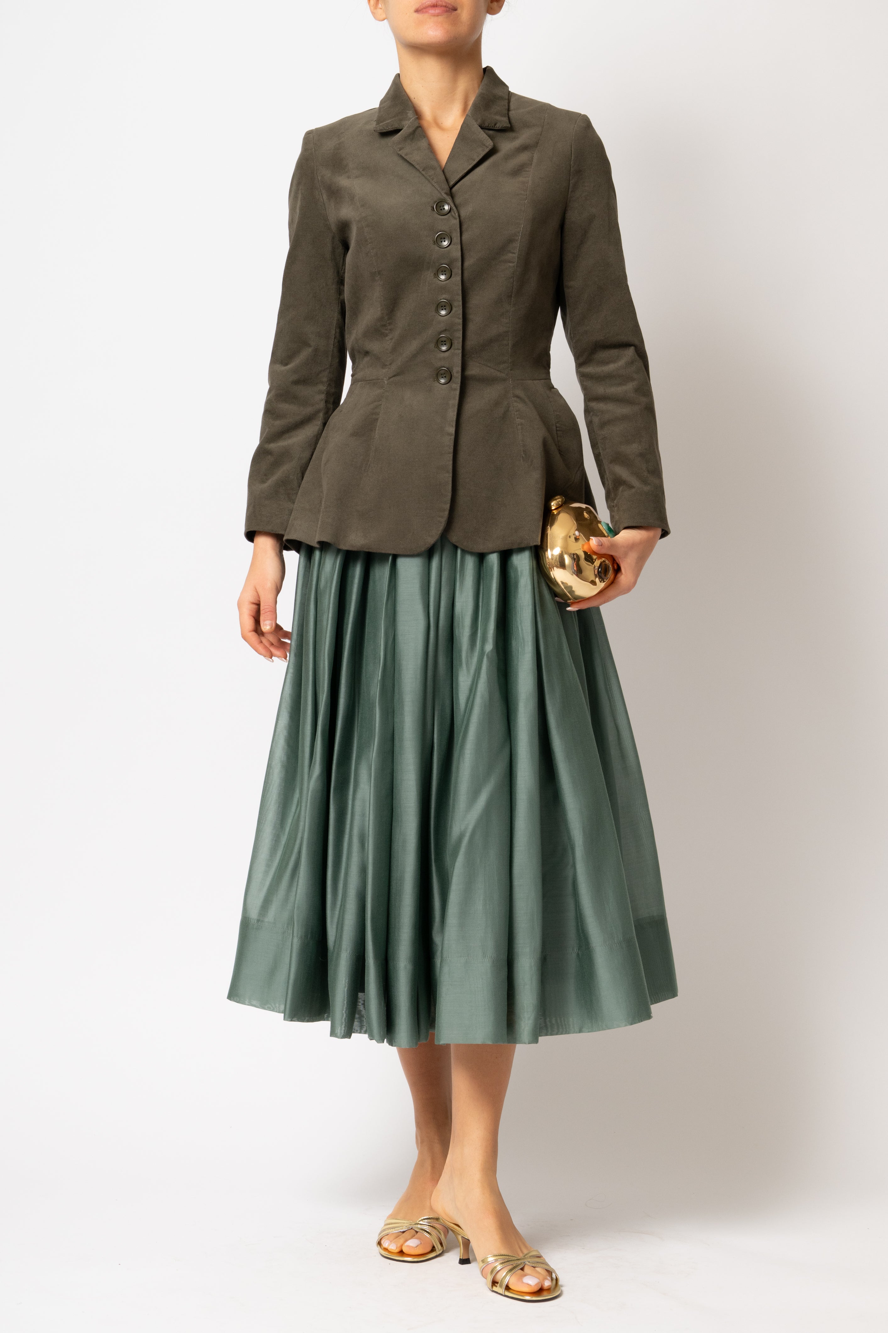Khaki green cotton velvet jacket with peplum and low shoulders