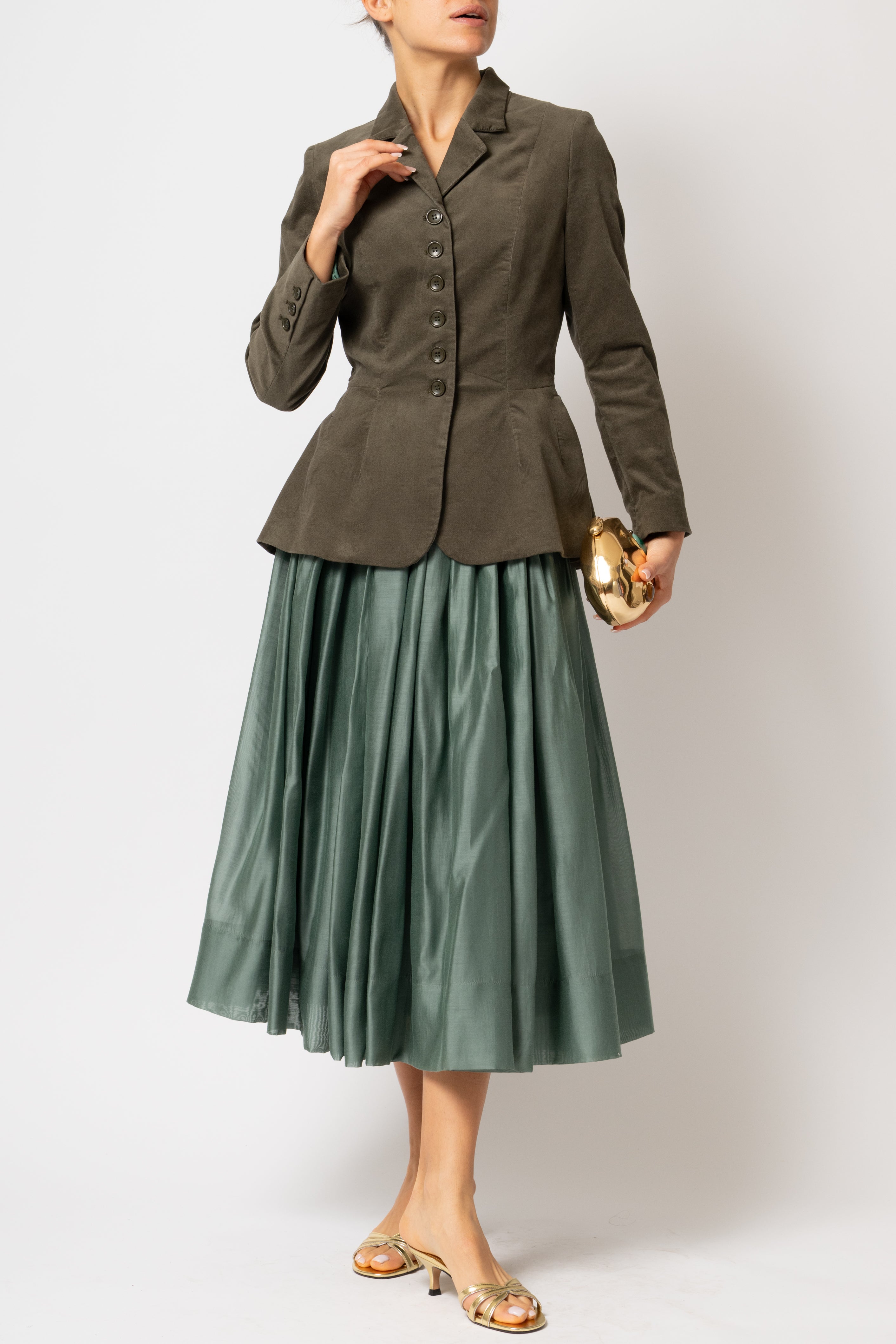 Khaki green viscose voile wide skirt 