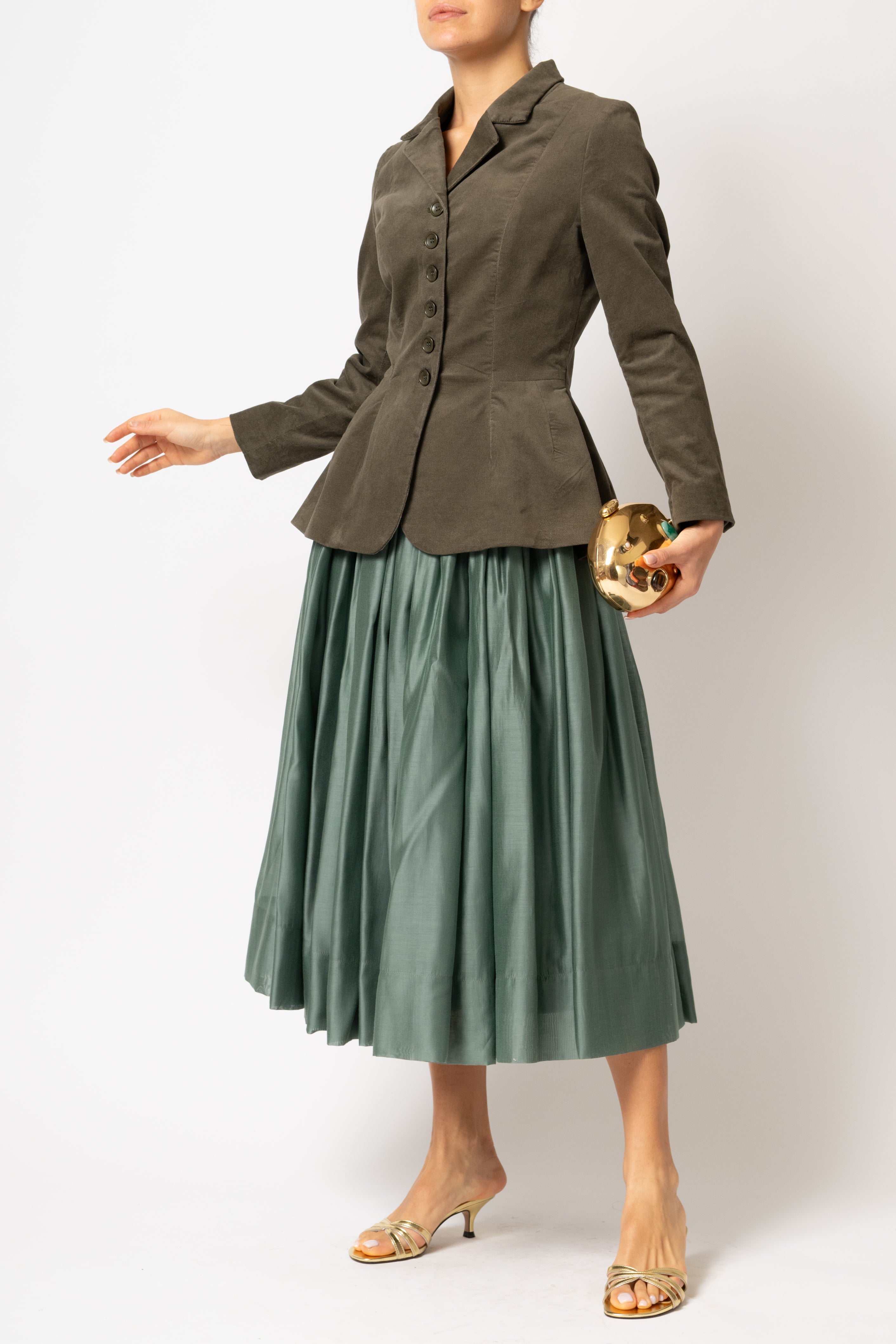 Khaki green cotton velvet jacket with peplum and low shoulders