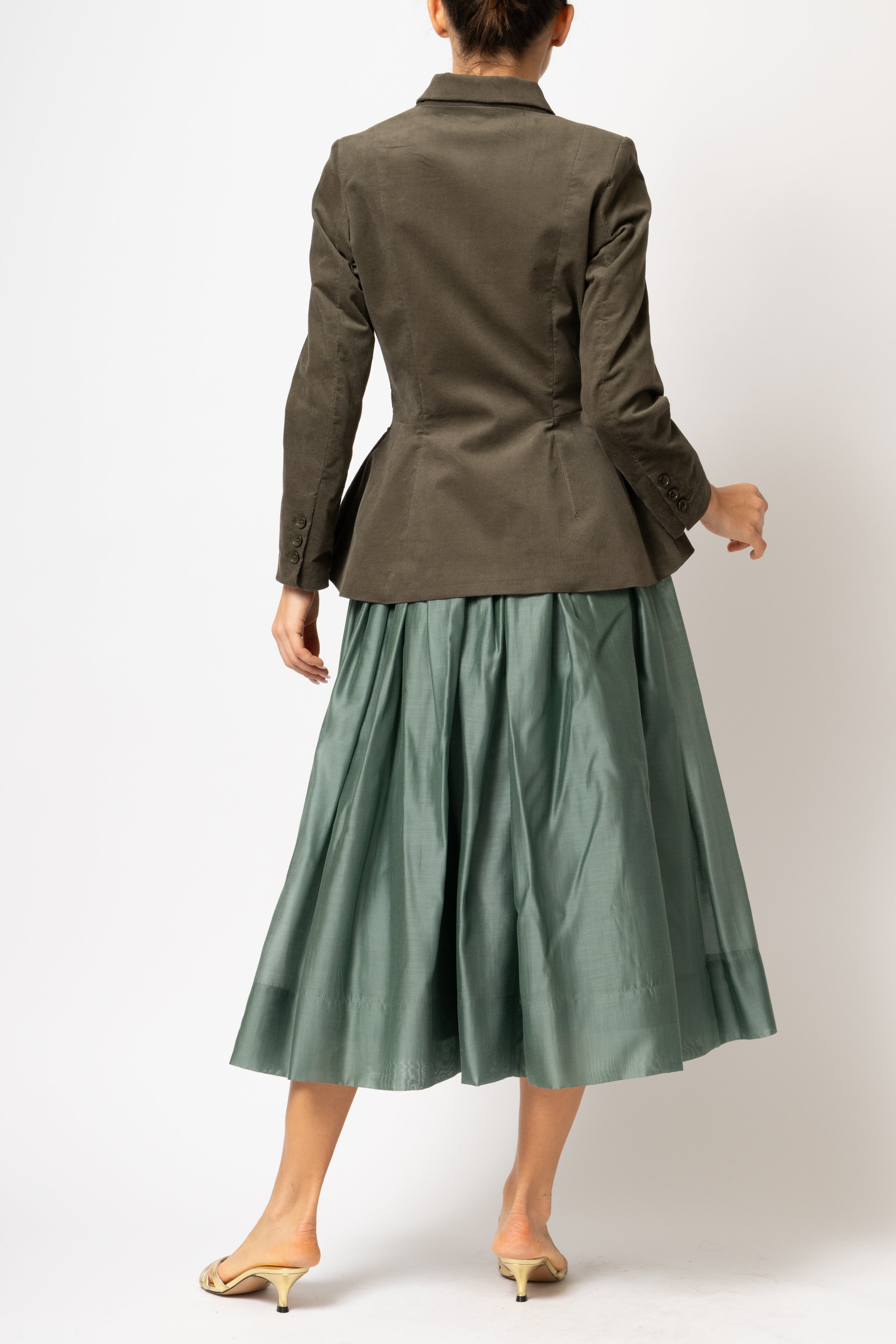 Khaki green cotton velvet jacket with peplum and low shoulders