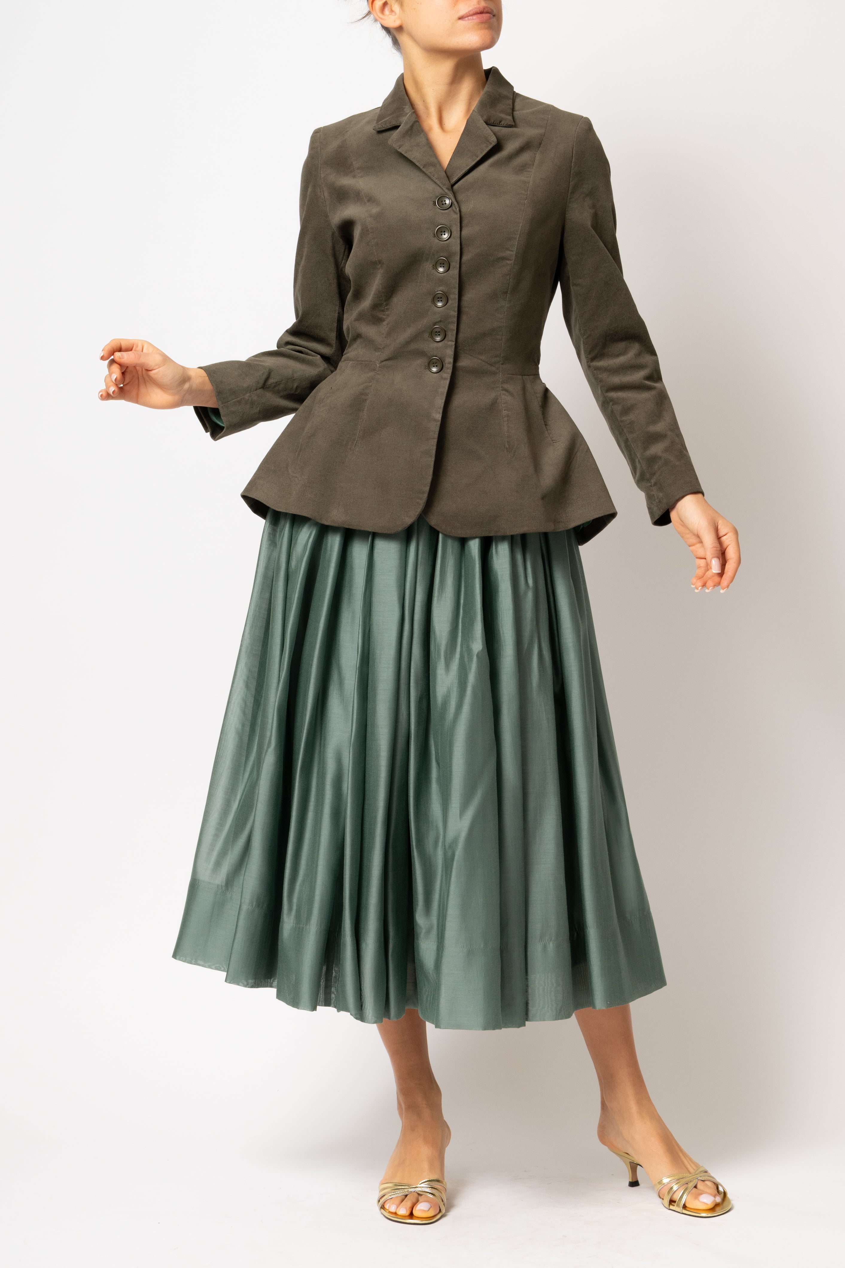 Khaki green cotton velvet jacket with peplum and low shoulders