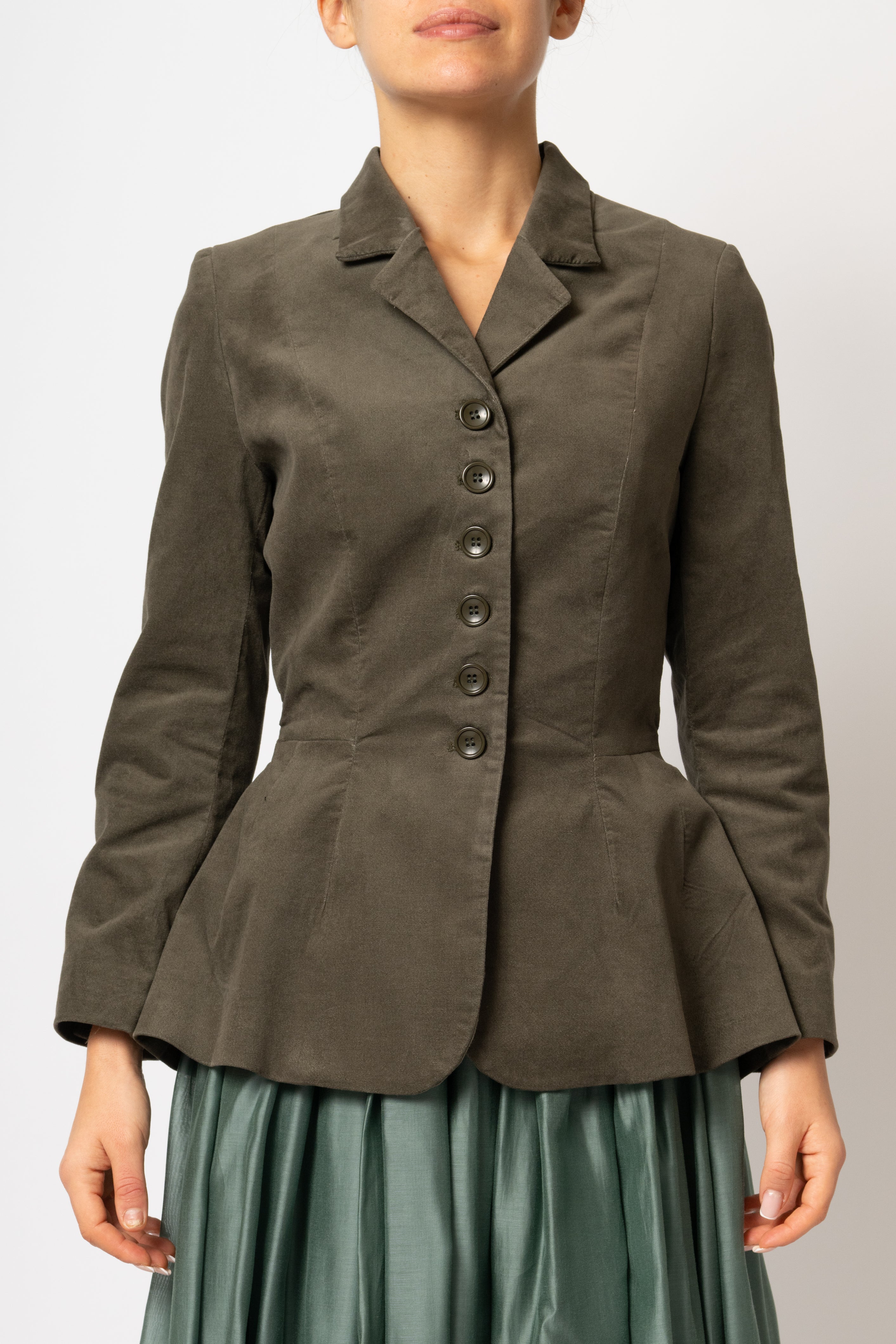 Khaki green cotton velvet jacket with peplum and low shoulders