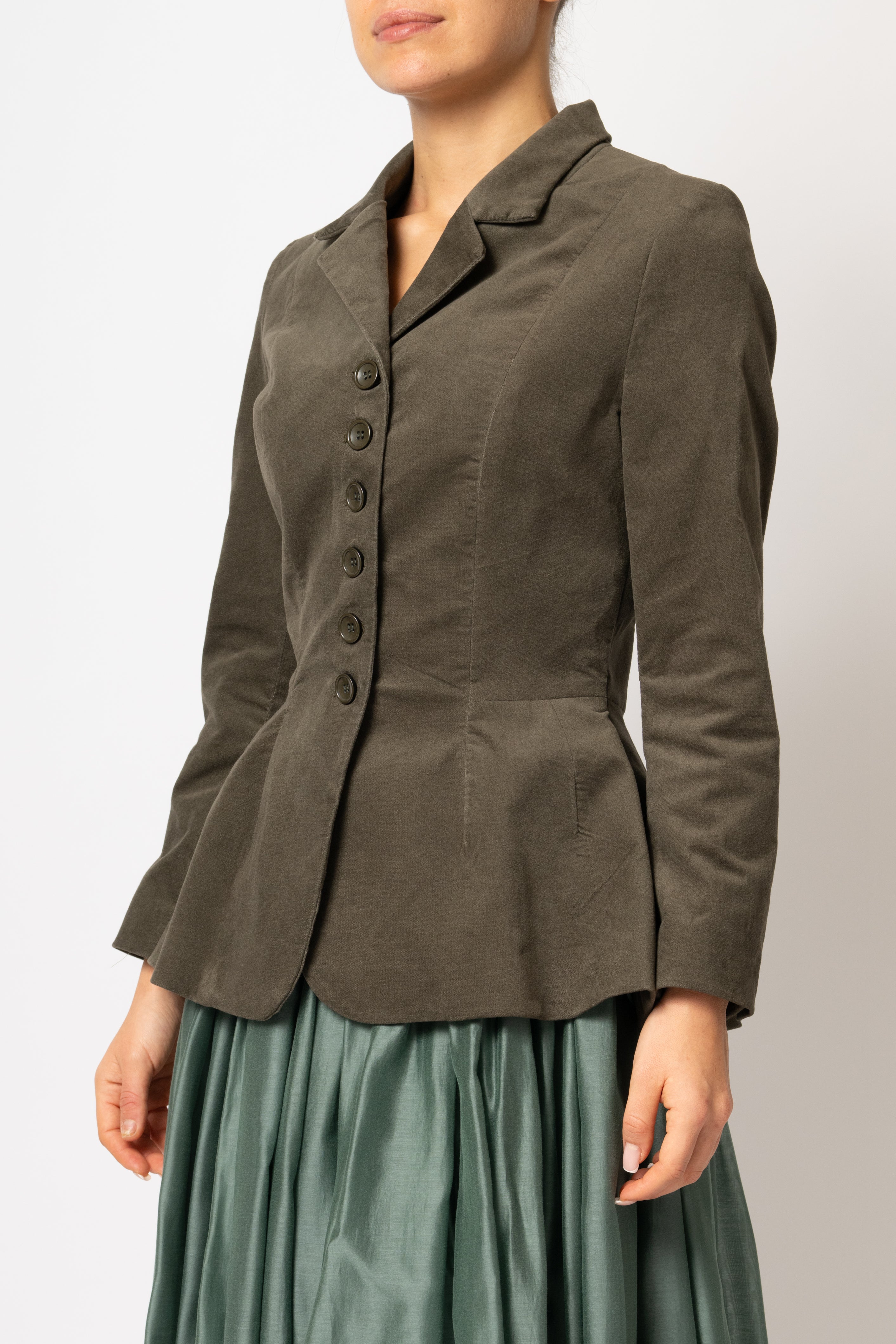 Khaki green cotton velvet jacket with peplum and low shoulders