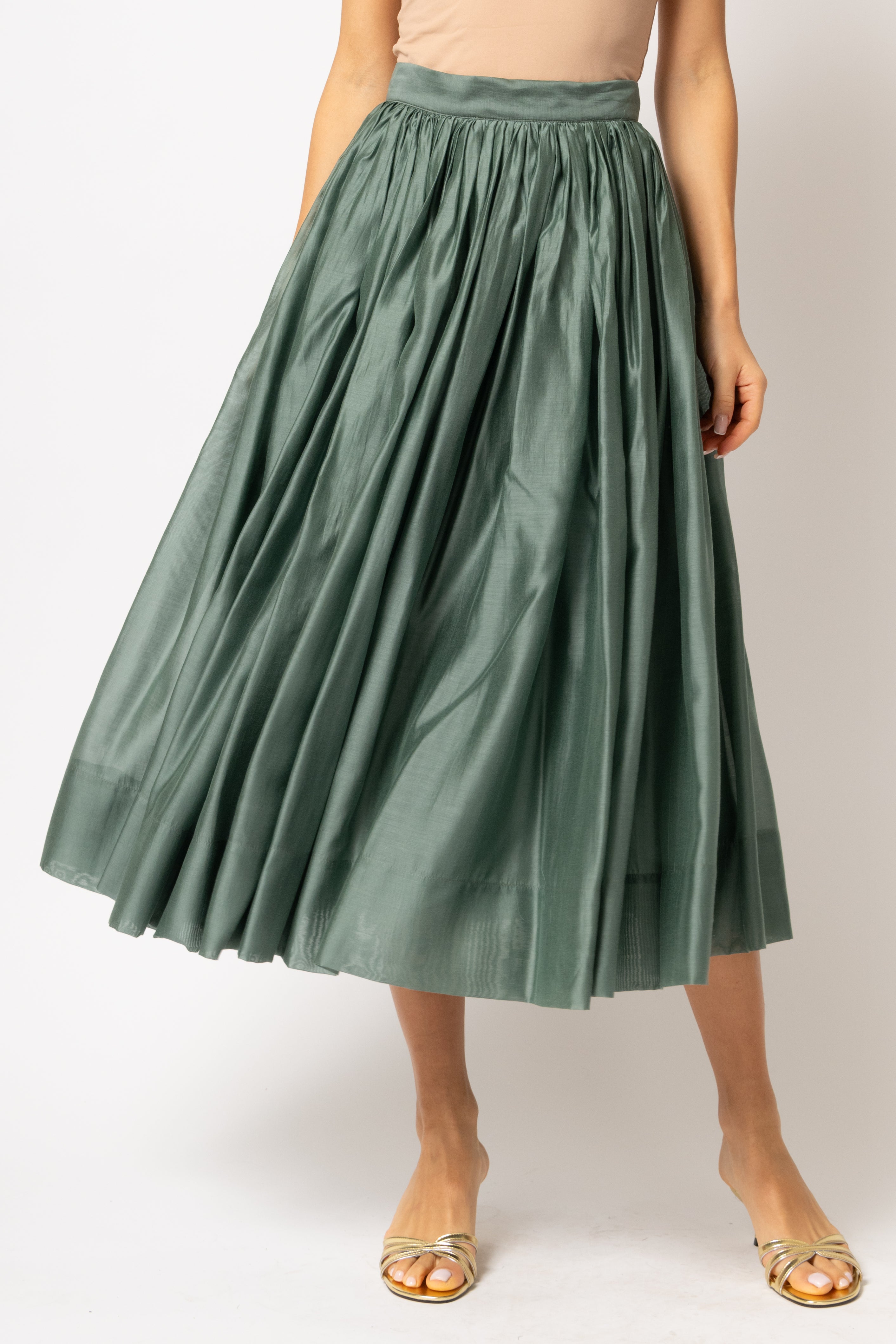 Khaki green viscose voile wide skirt 