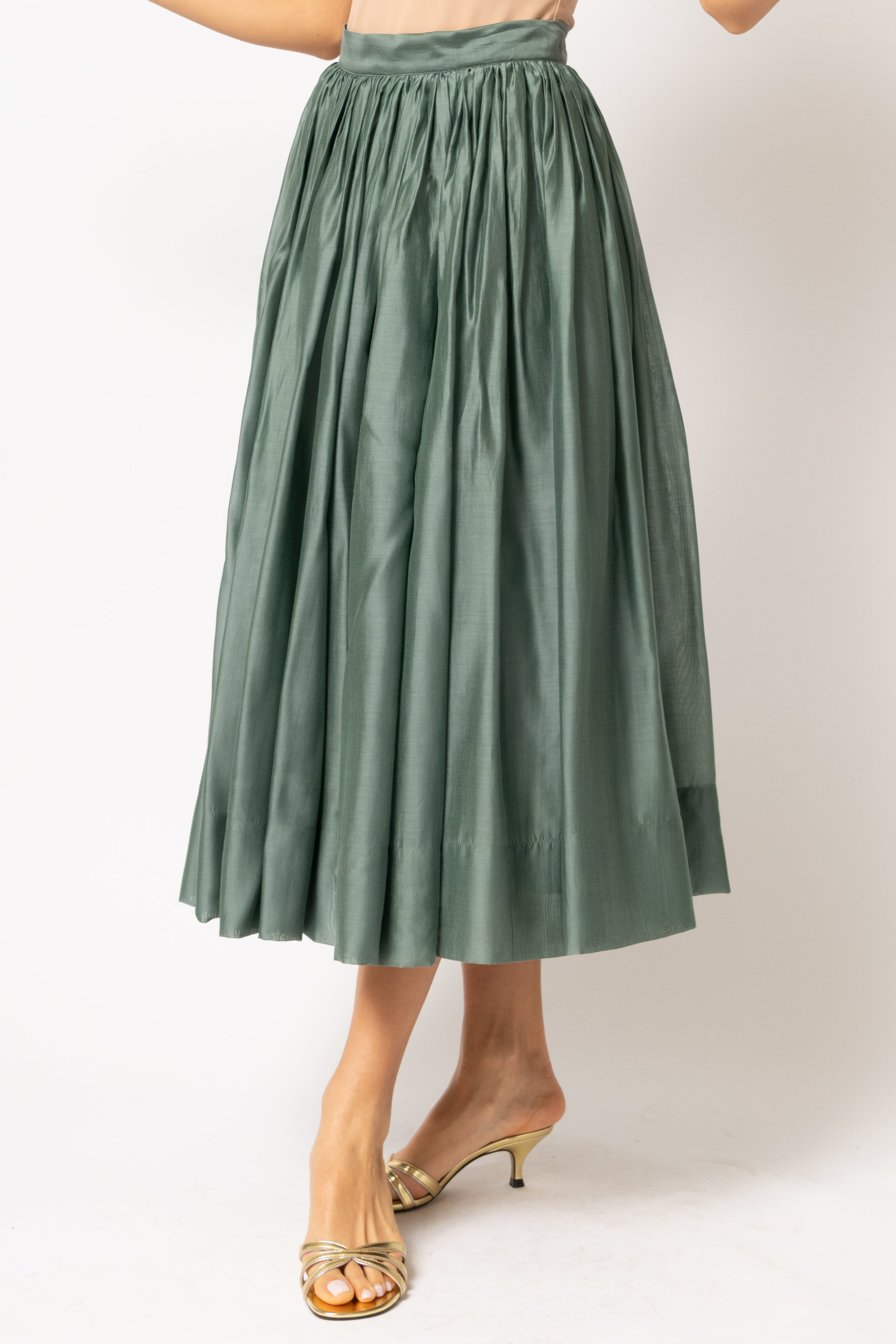 Khaki green viscose voile wide skirt 