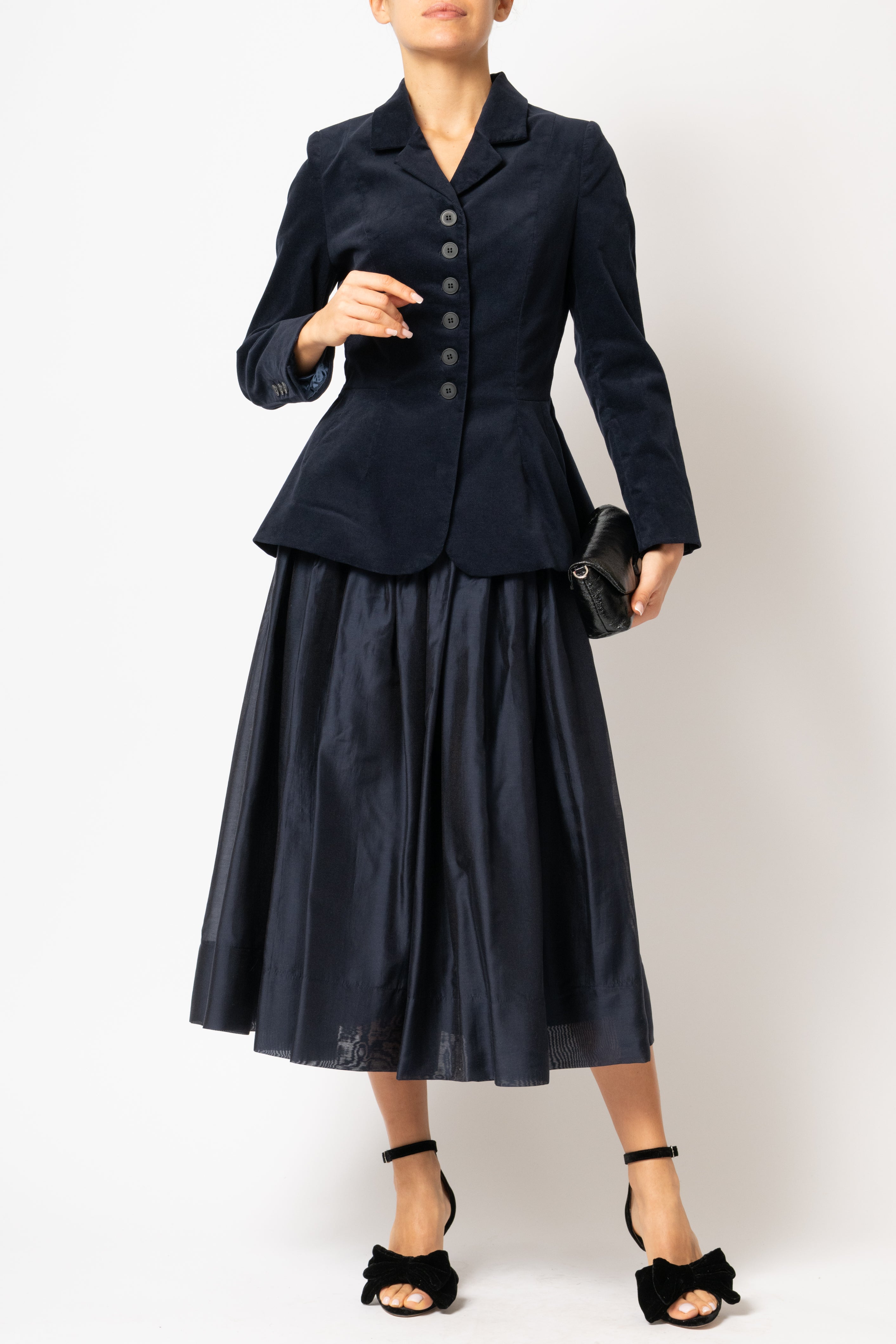 Navy blue cotton velvet jacket with peplum and low shoulders