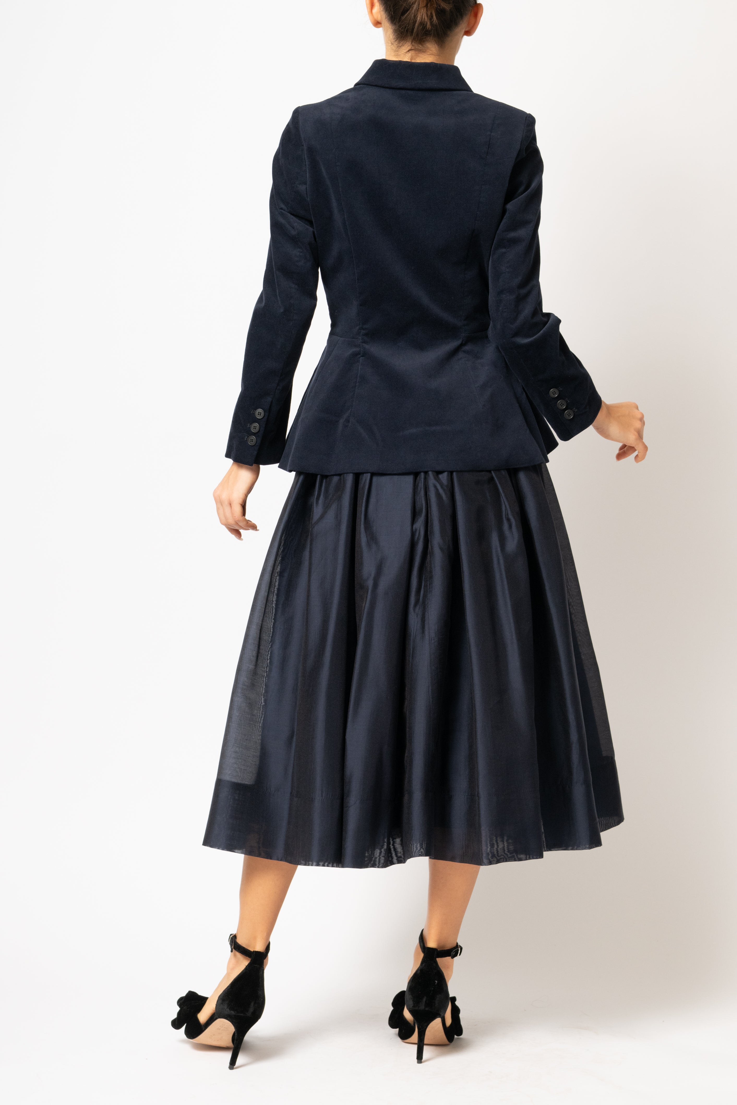 Navy blue cotton velvet jacket with peplum and low shoulders