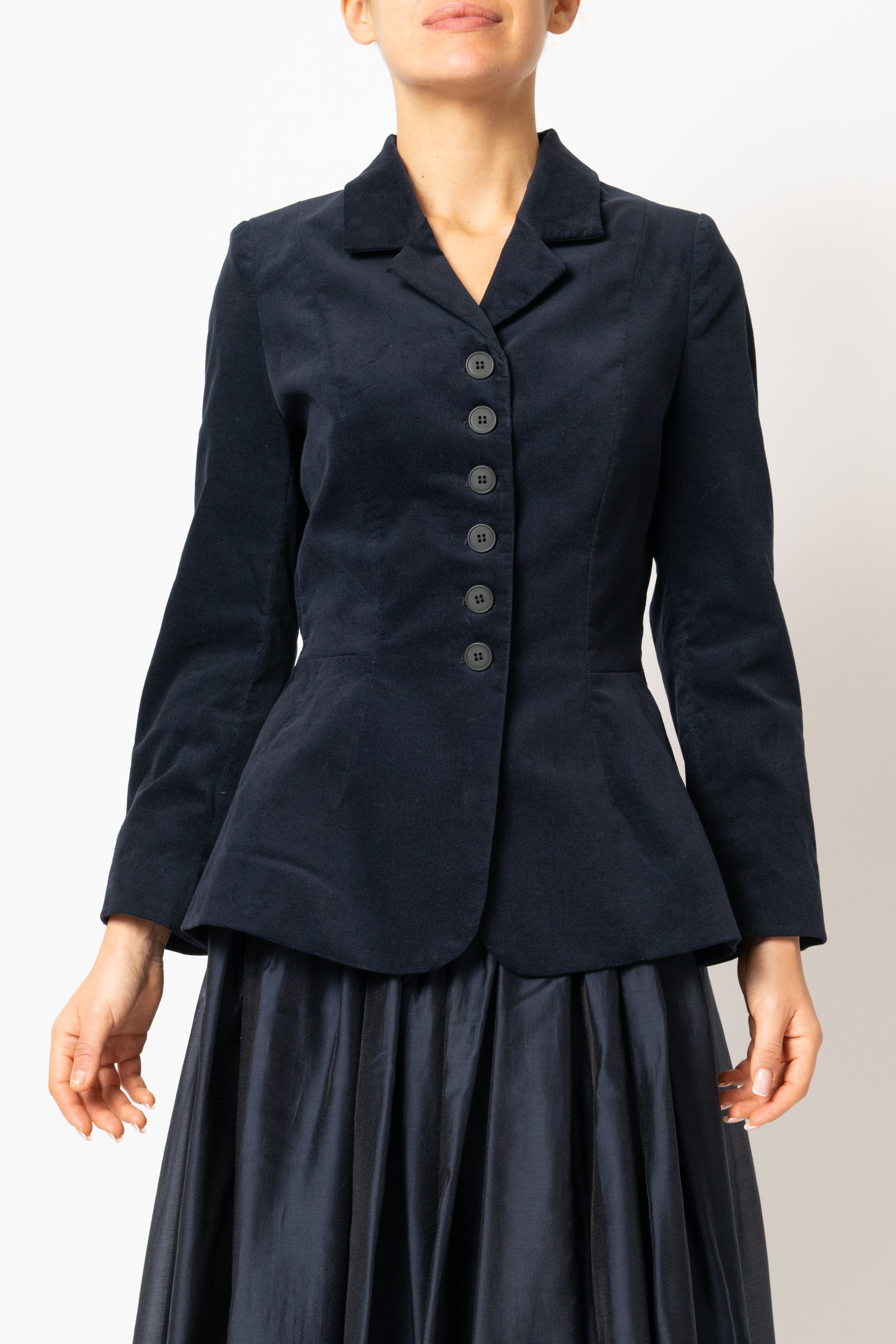 Navy blue cotton velvet jacket with peplum and low shoulders