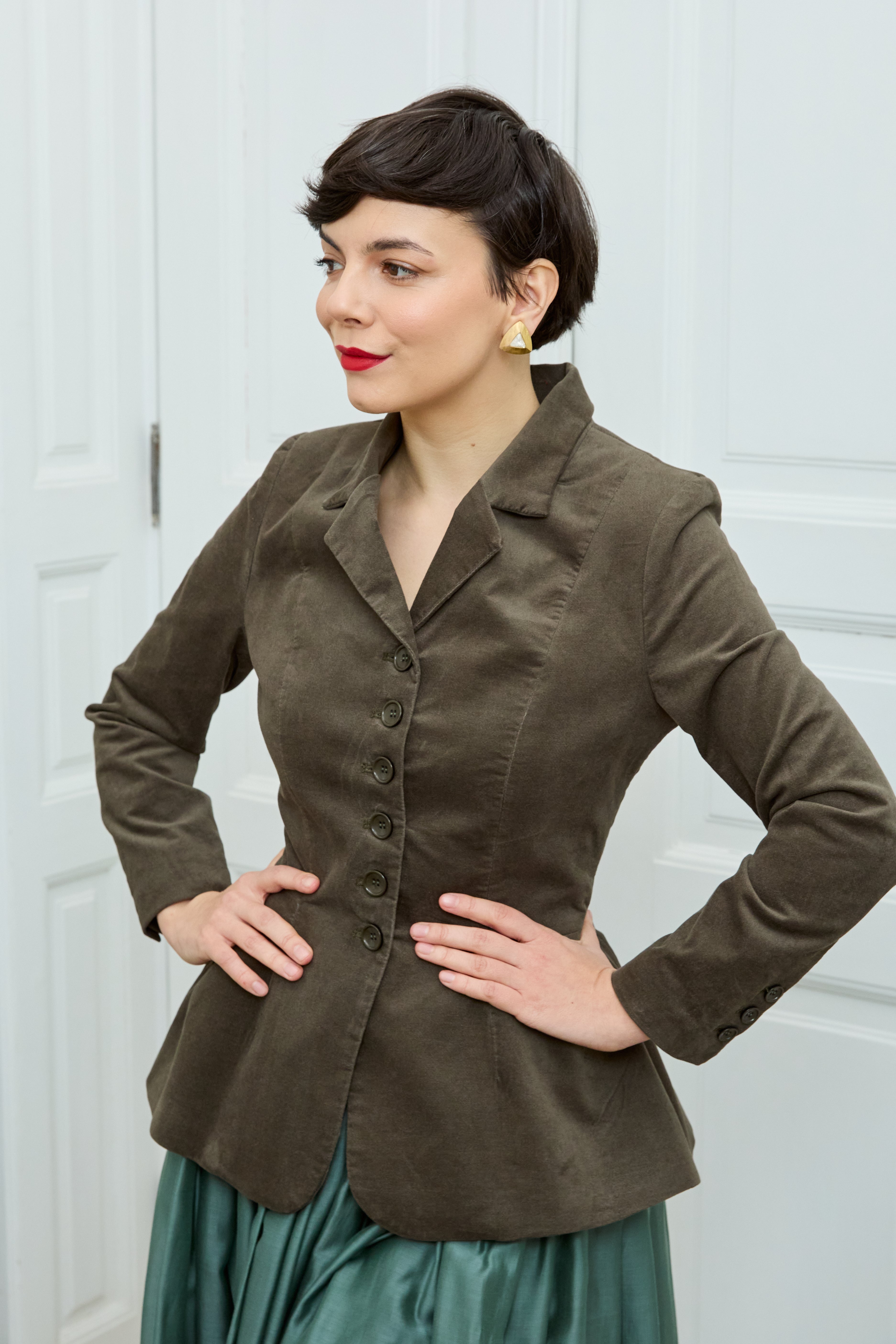 Sacou cu Guler cu Revere din Catifea de Bumbac, Kaki