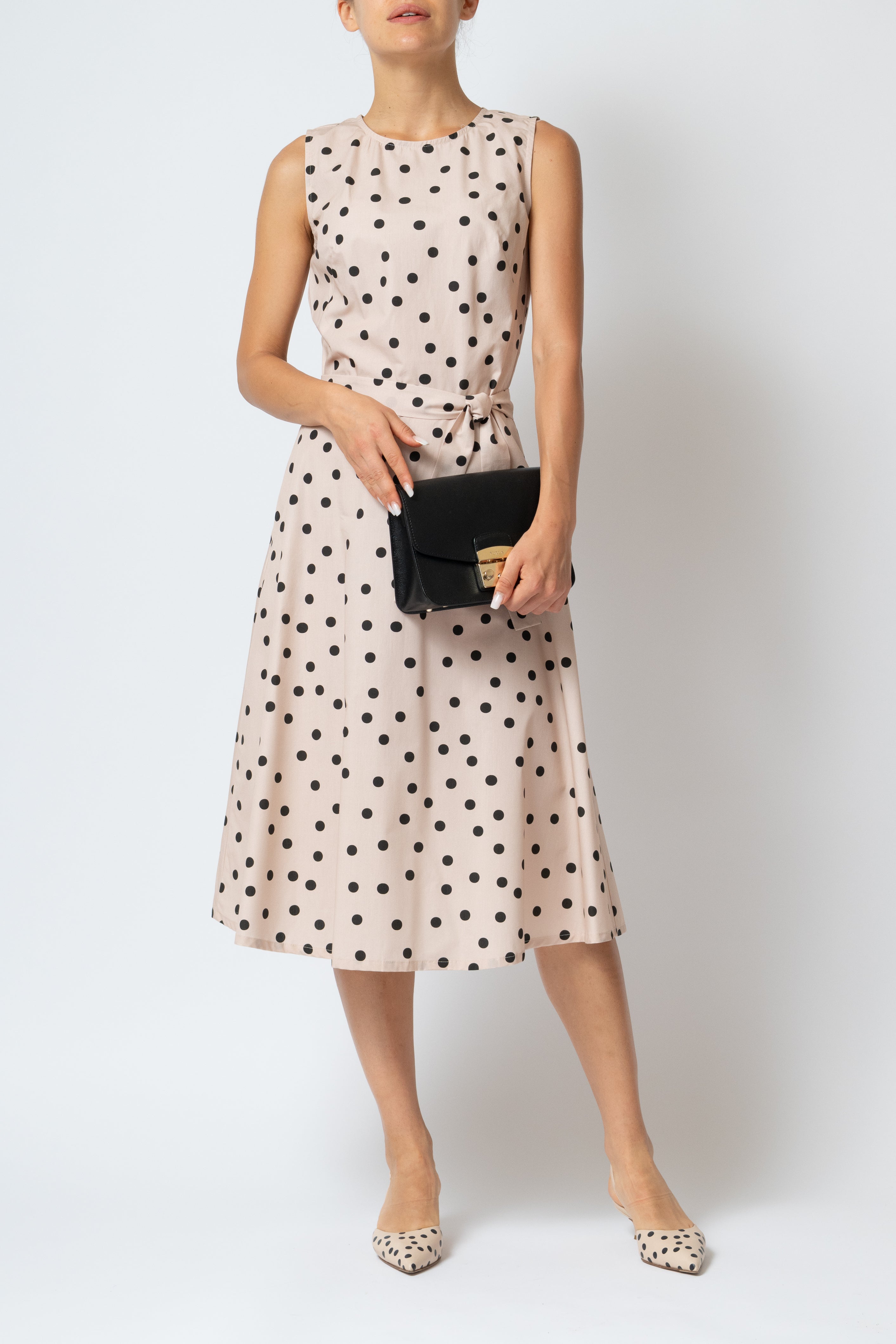 Rochie Midi fara Maneci cu Imprimeu din Poplin, Bej