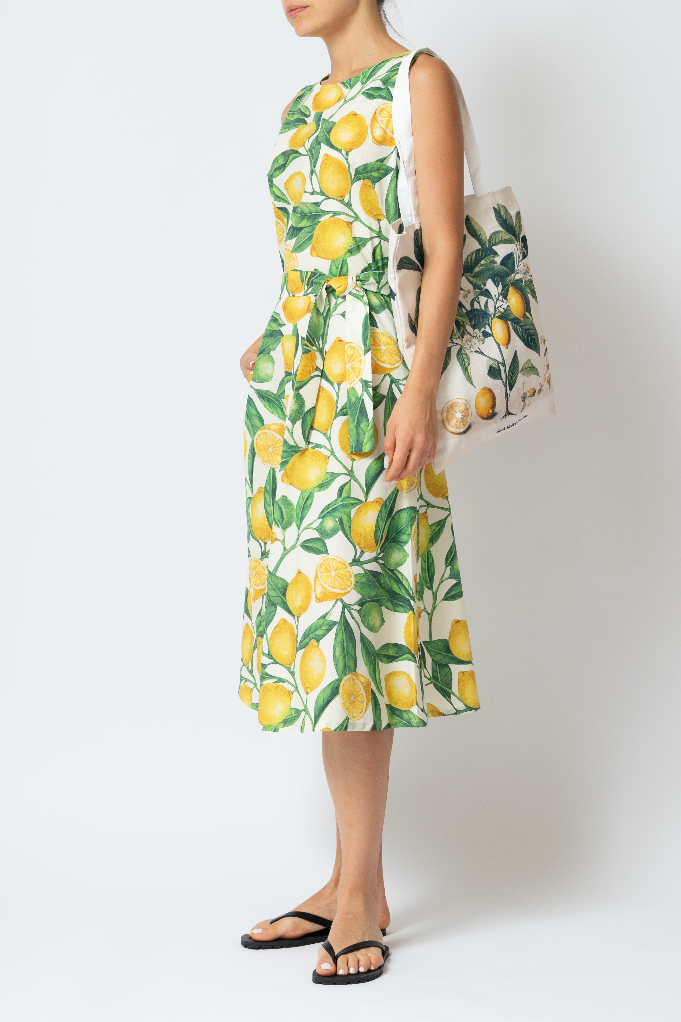 Sleeveless Midi Dress with Lemon Print in Poplin, White
