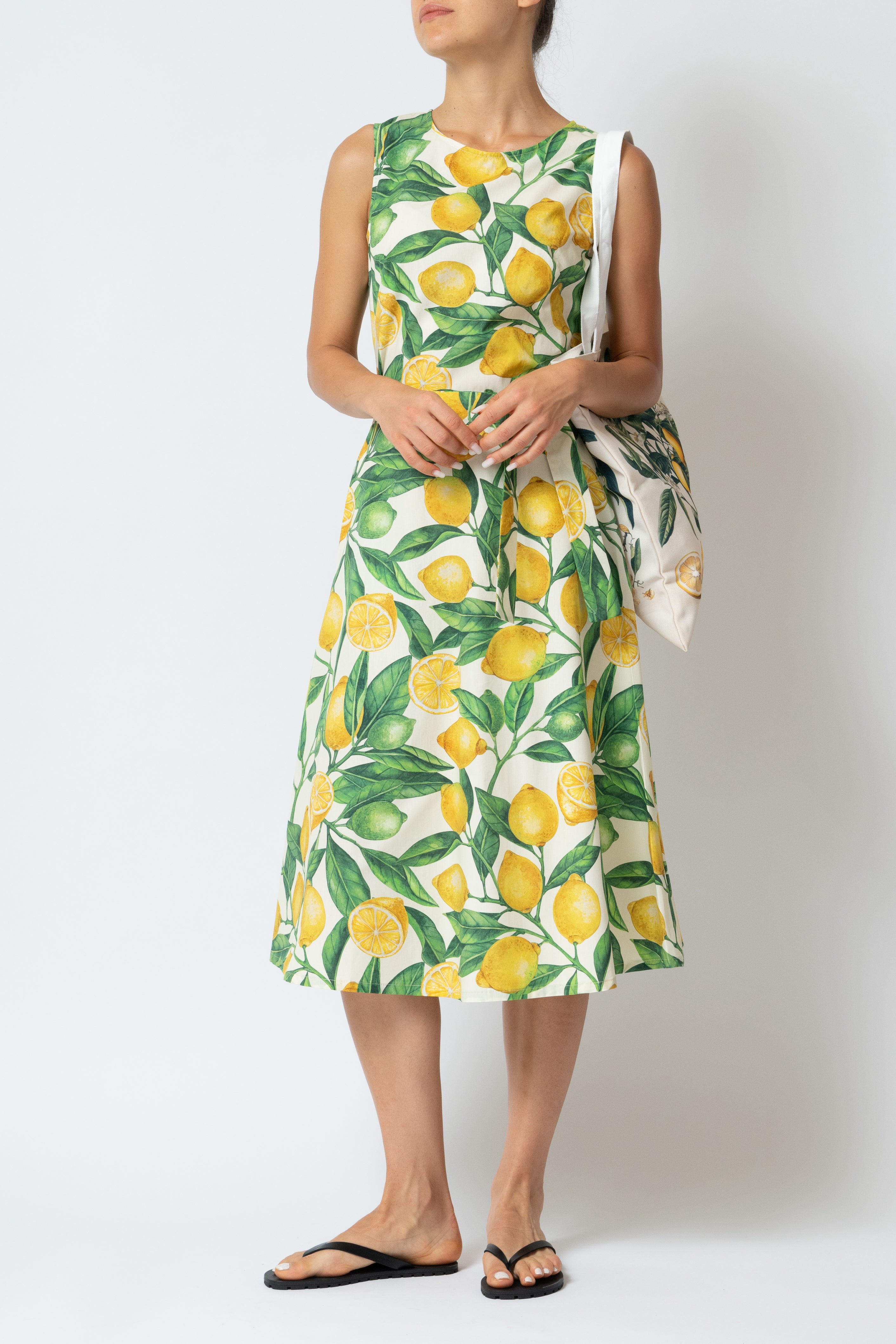 Sleeveless Midi Dress with Lemon Print in Poplin, White