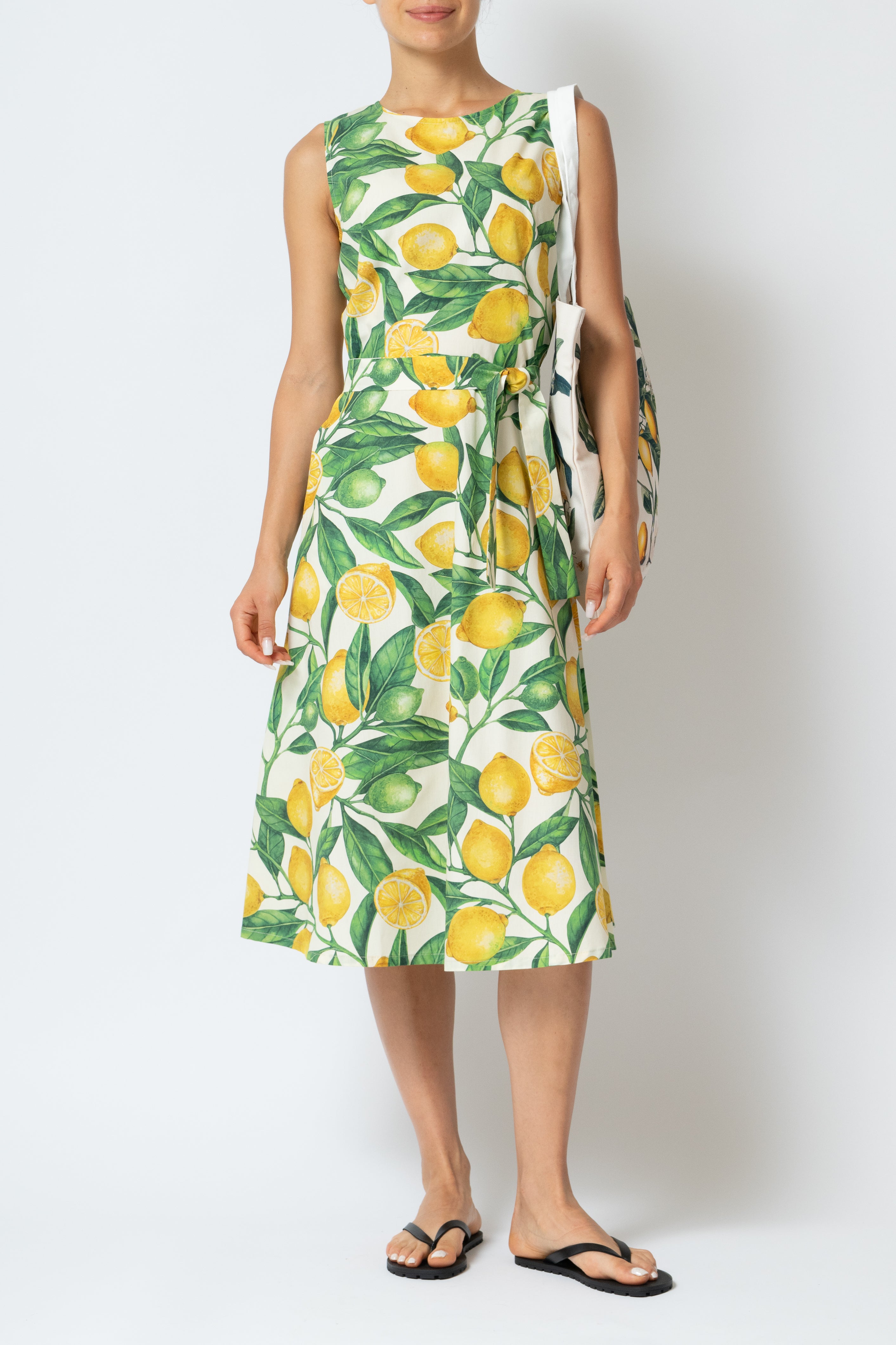Sleeveless Midi Dress with Lemon Print in Poplin, White