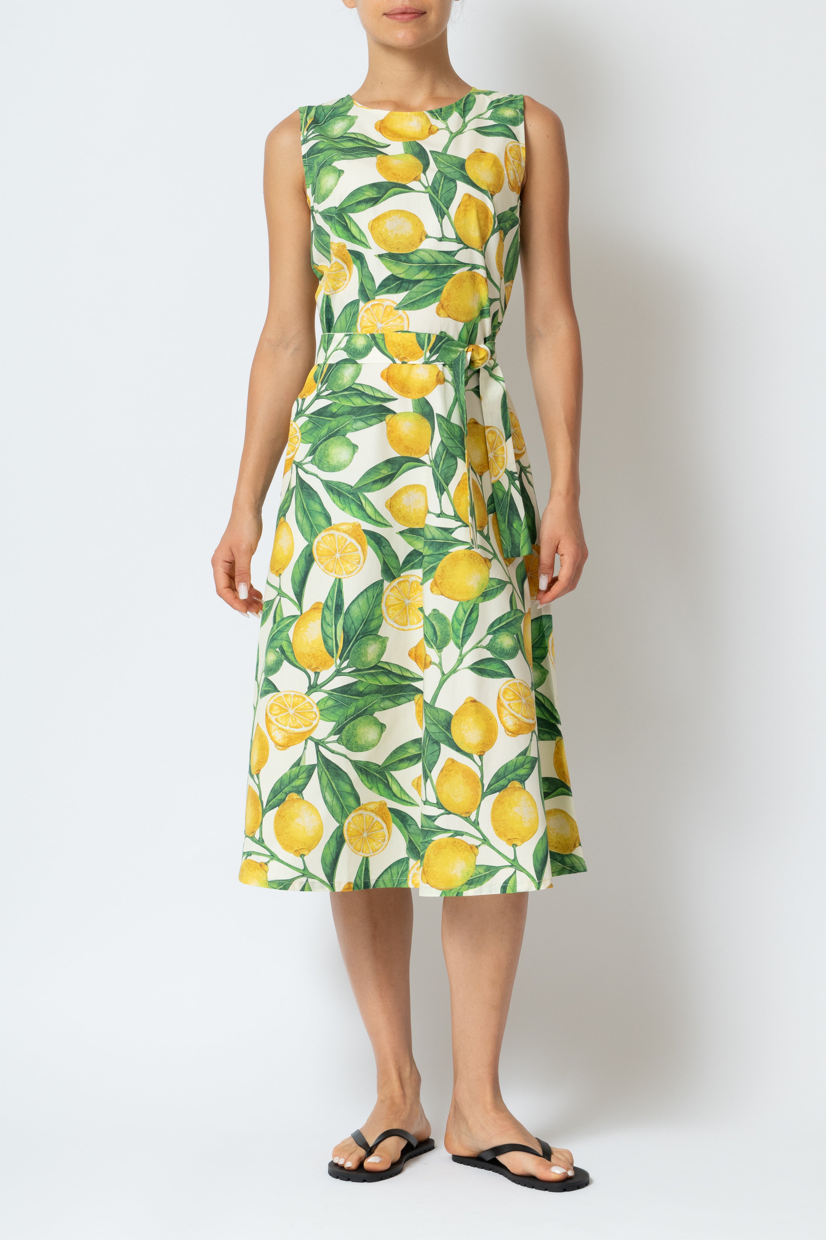 Sleeveless Midi Dress with Lemon Print in Poplin, White