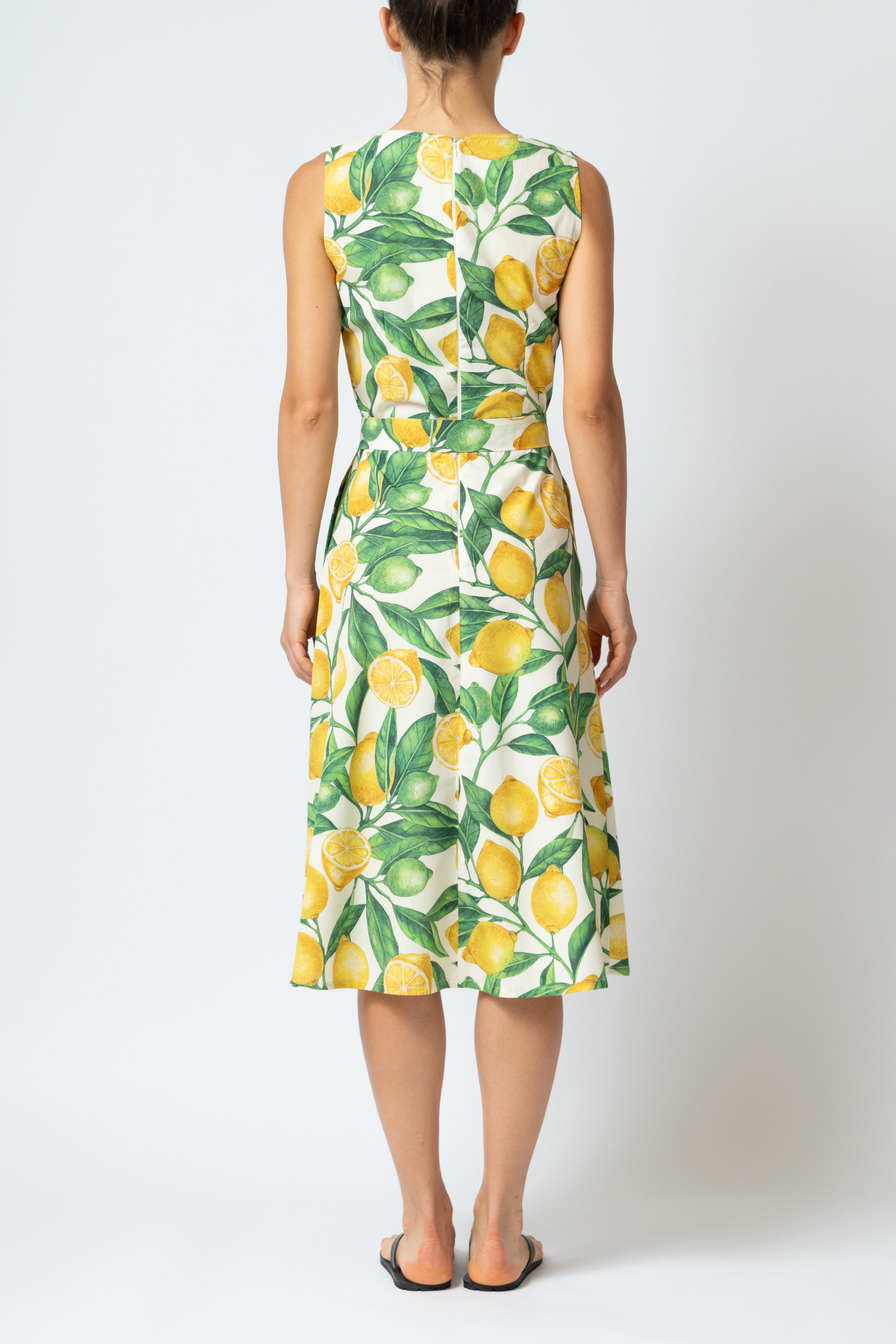 Sleeveless Midi Dress with Lemon Print in Poplin, White
