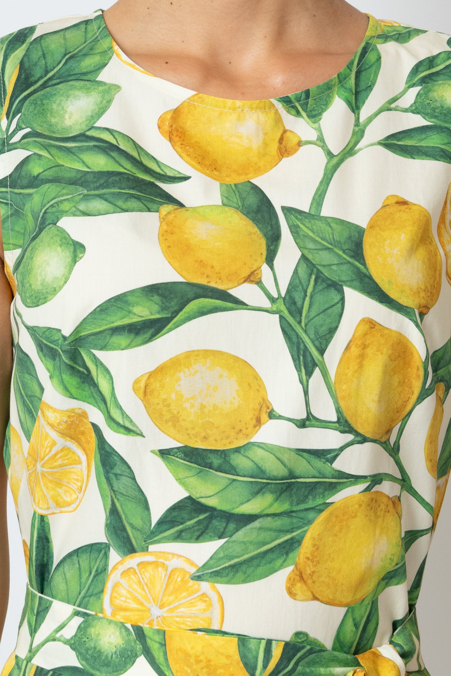 Sleeveless Midi Dress with Lemon Print in Poplin, White