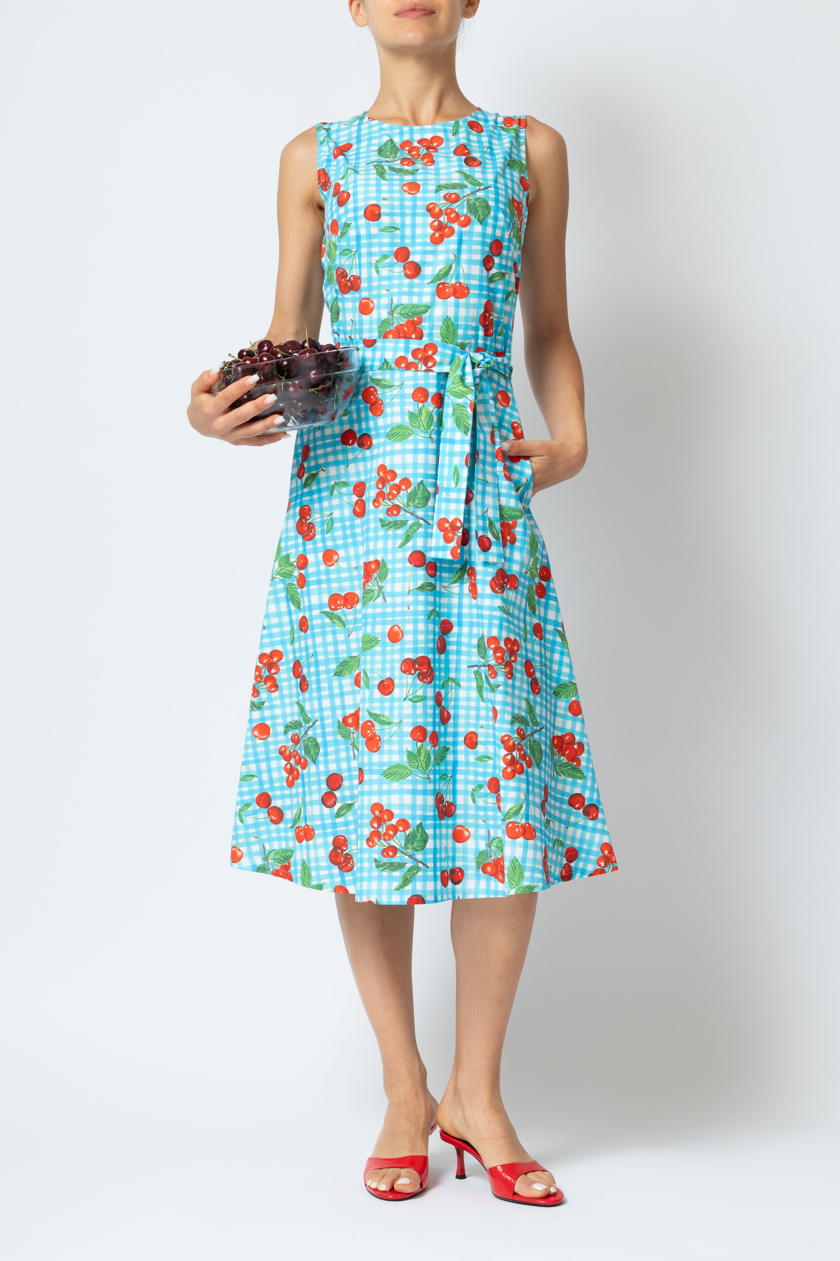 Rochie Midi Fara Maneci cu Imprimeu Cirese din Poplin, Turcoaz