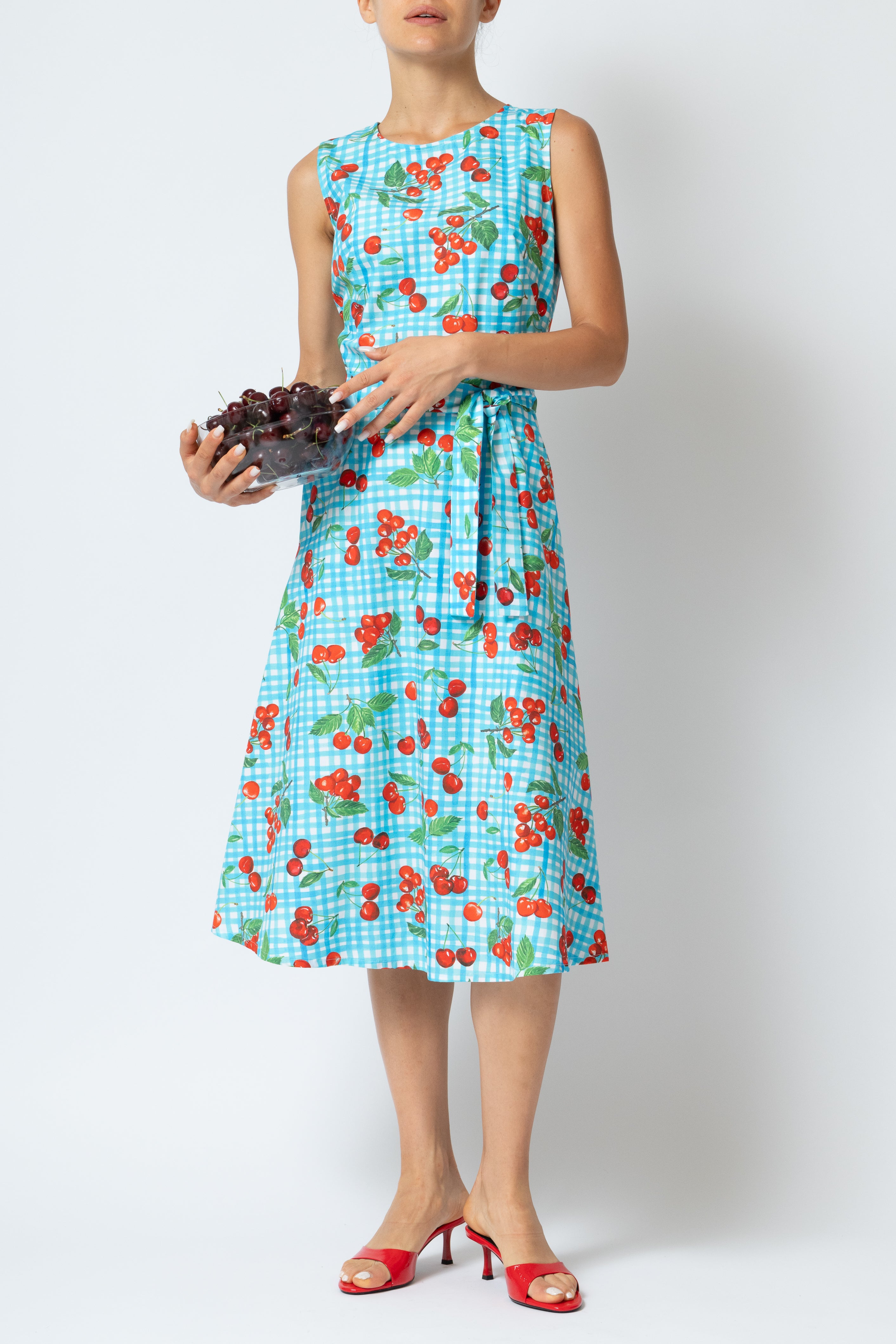 Rochie Midi Fara Maneci cu Imprimeu Cirese din Poplin, Turcoaz