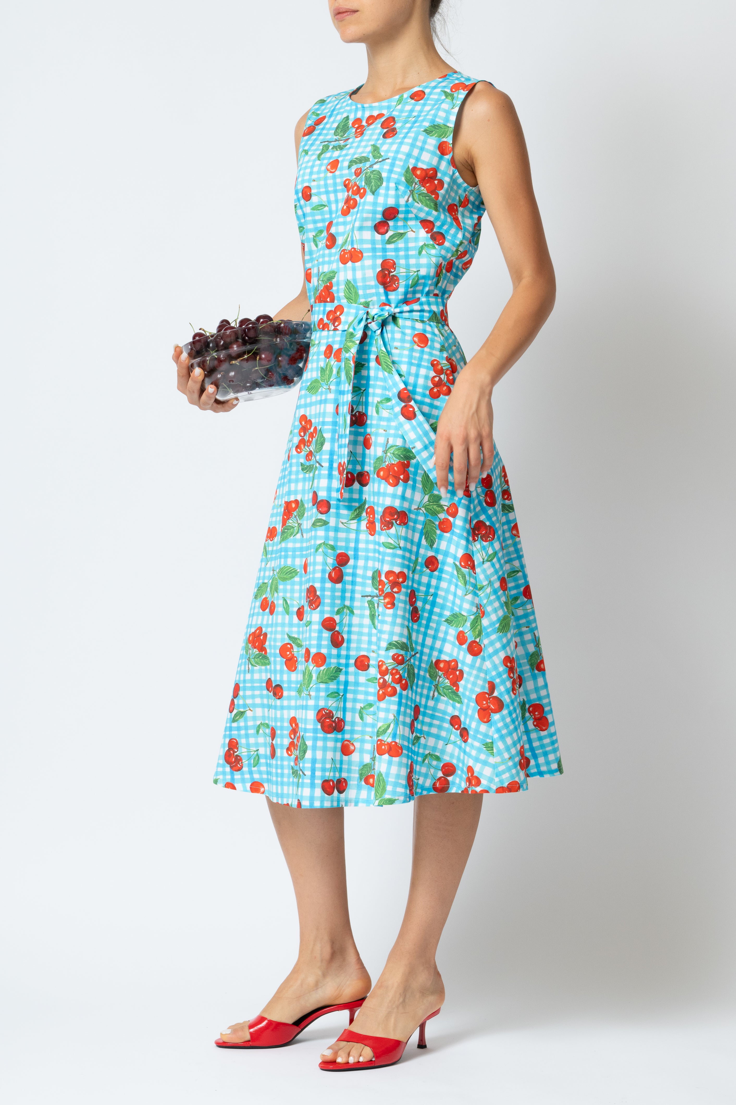 Cherry Print Sleeveless Midi Dress in Poplin, Turquoise