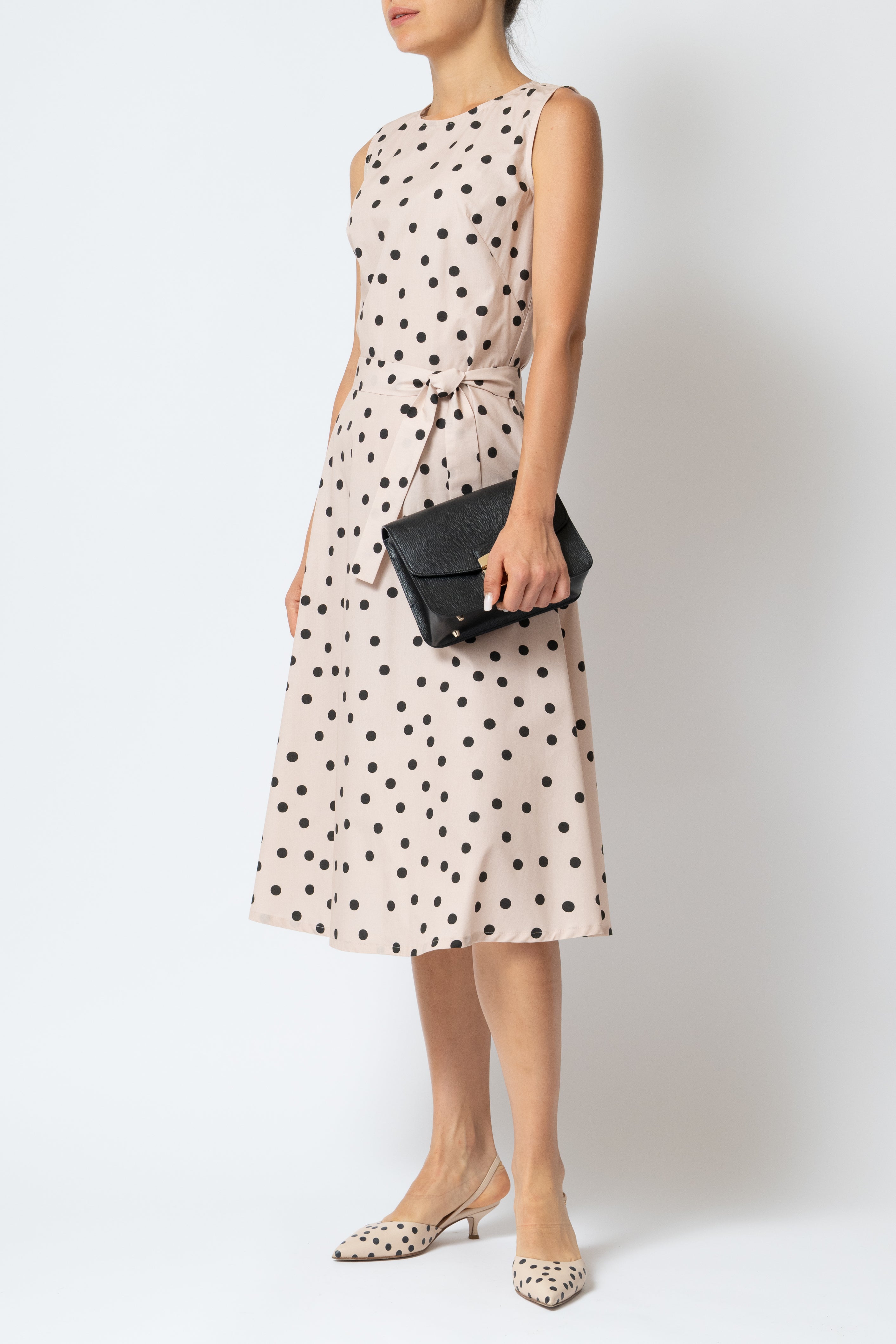 Sleeveless Midi Dress with Poplin Print, Beige