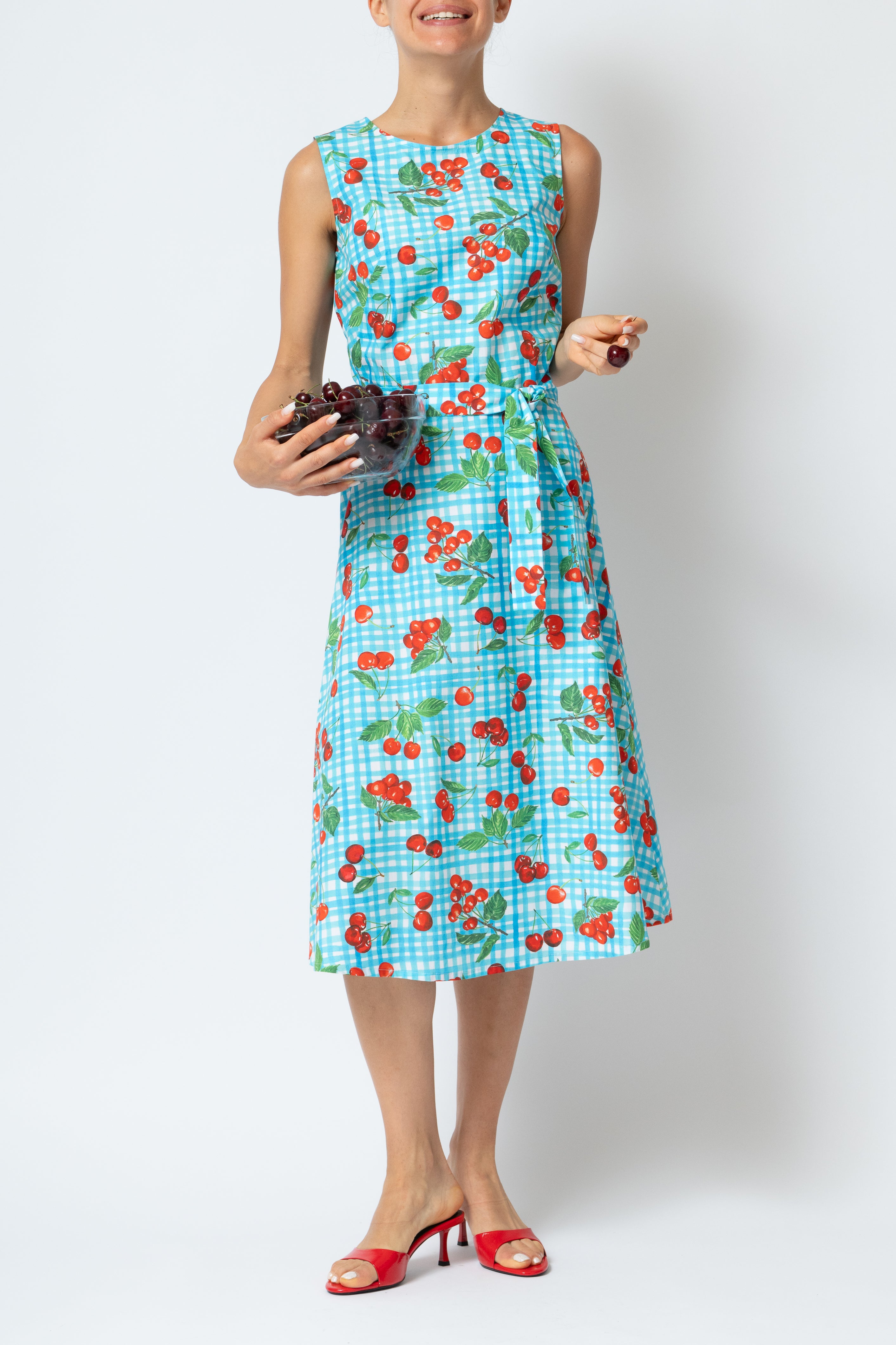 Cherry Print Sleeveless Midi Dress in Poplin, Turquoise