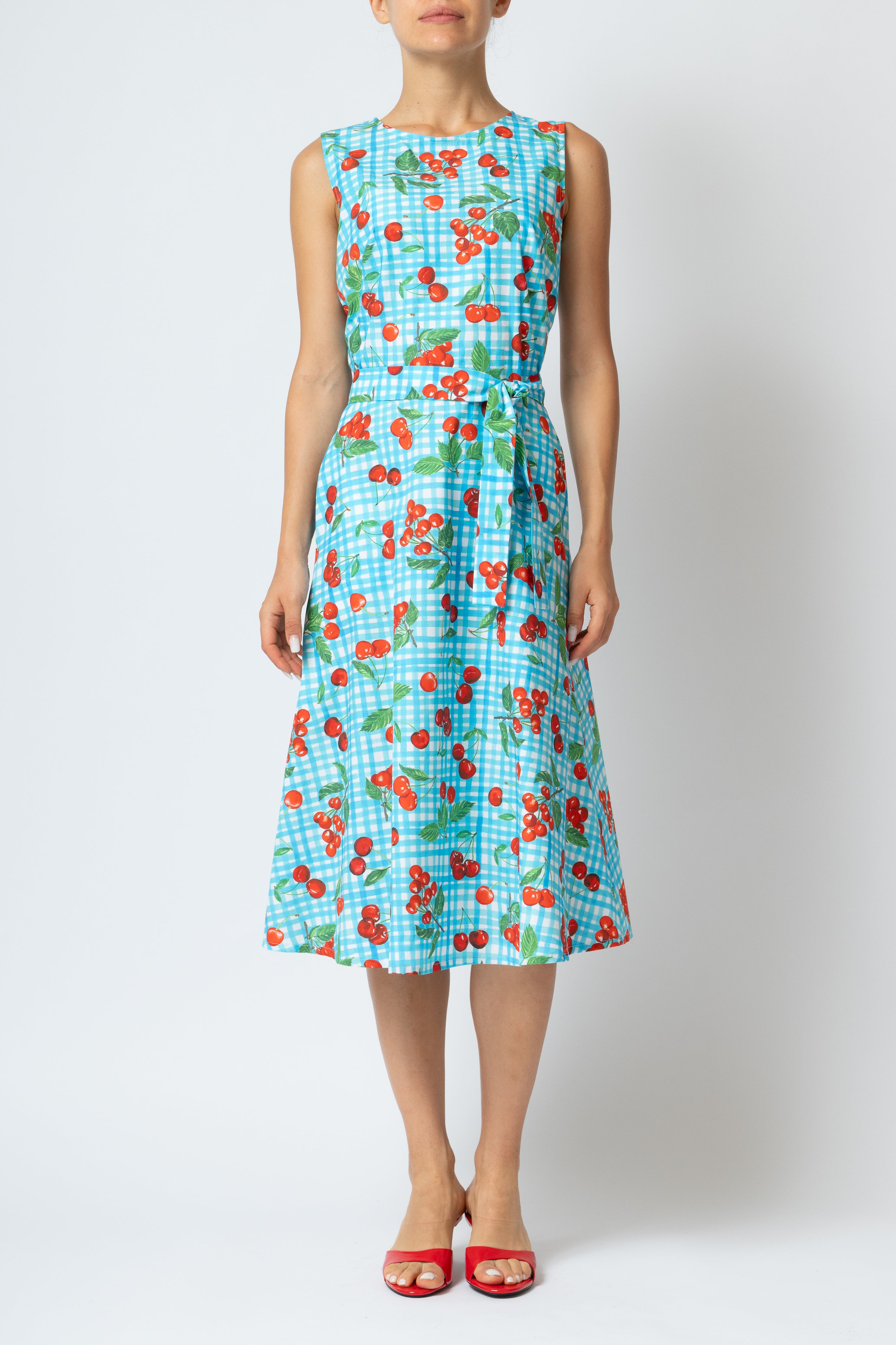 Cherry Print Sleeveless Midi Dress in Poplin, Turquoise