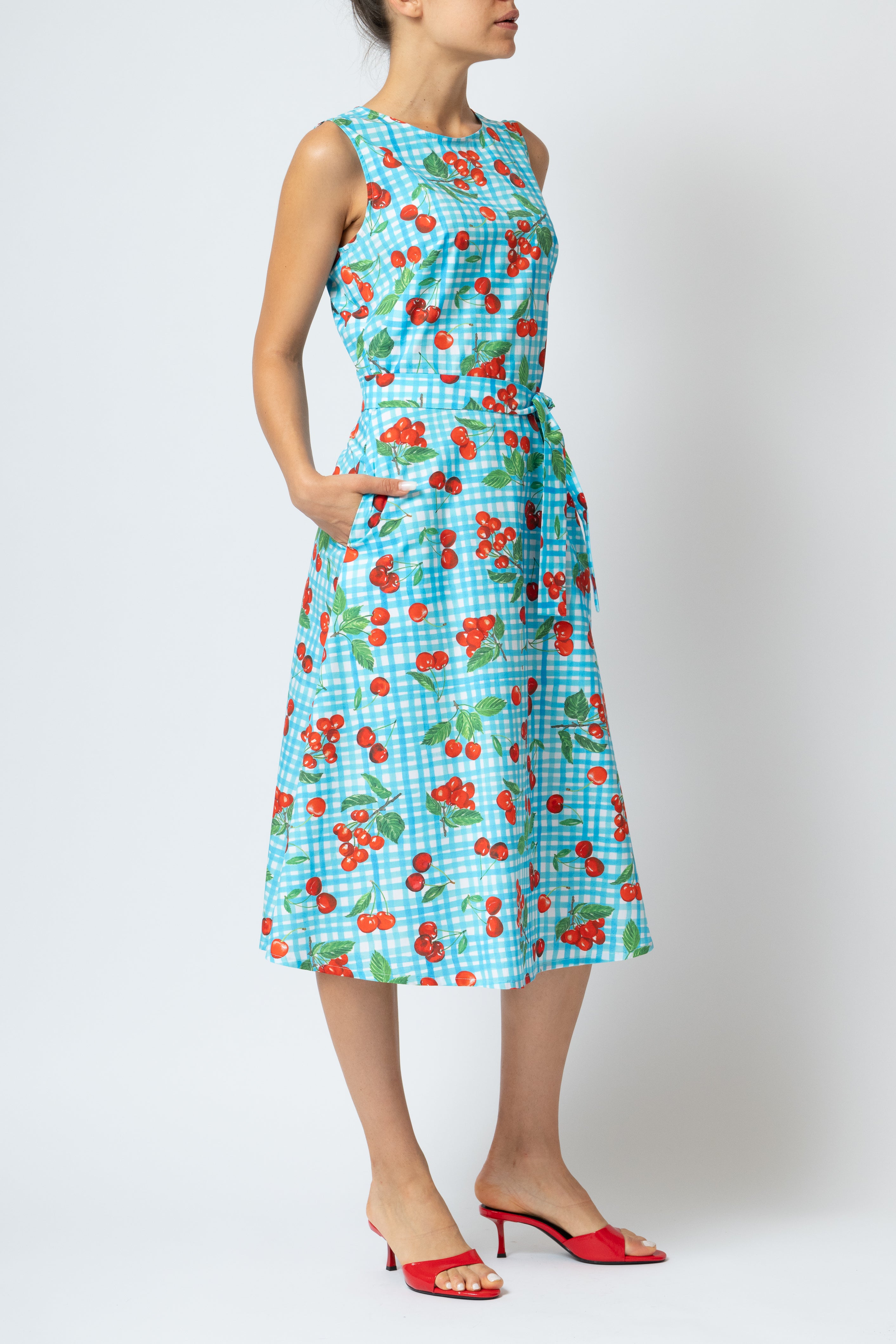 Cherry Print Sleeveless Midi Dress in Poplin, Turquoise